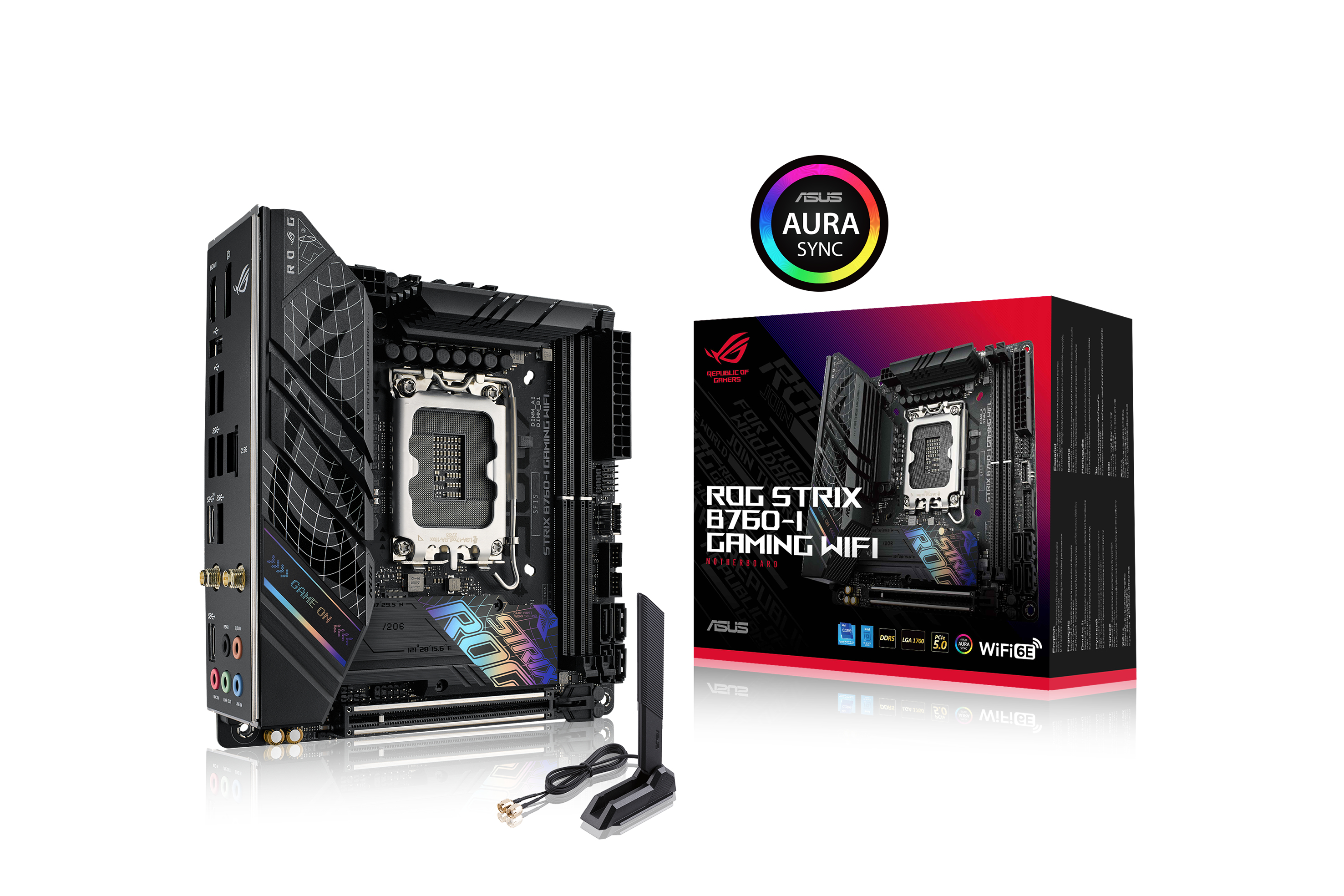 Obraz przedstawia czarną płytę główną ASUS ROG Strix 8760-I Gaming WiFi, pudełko i antenę.