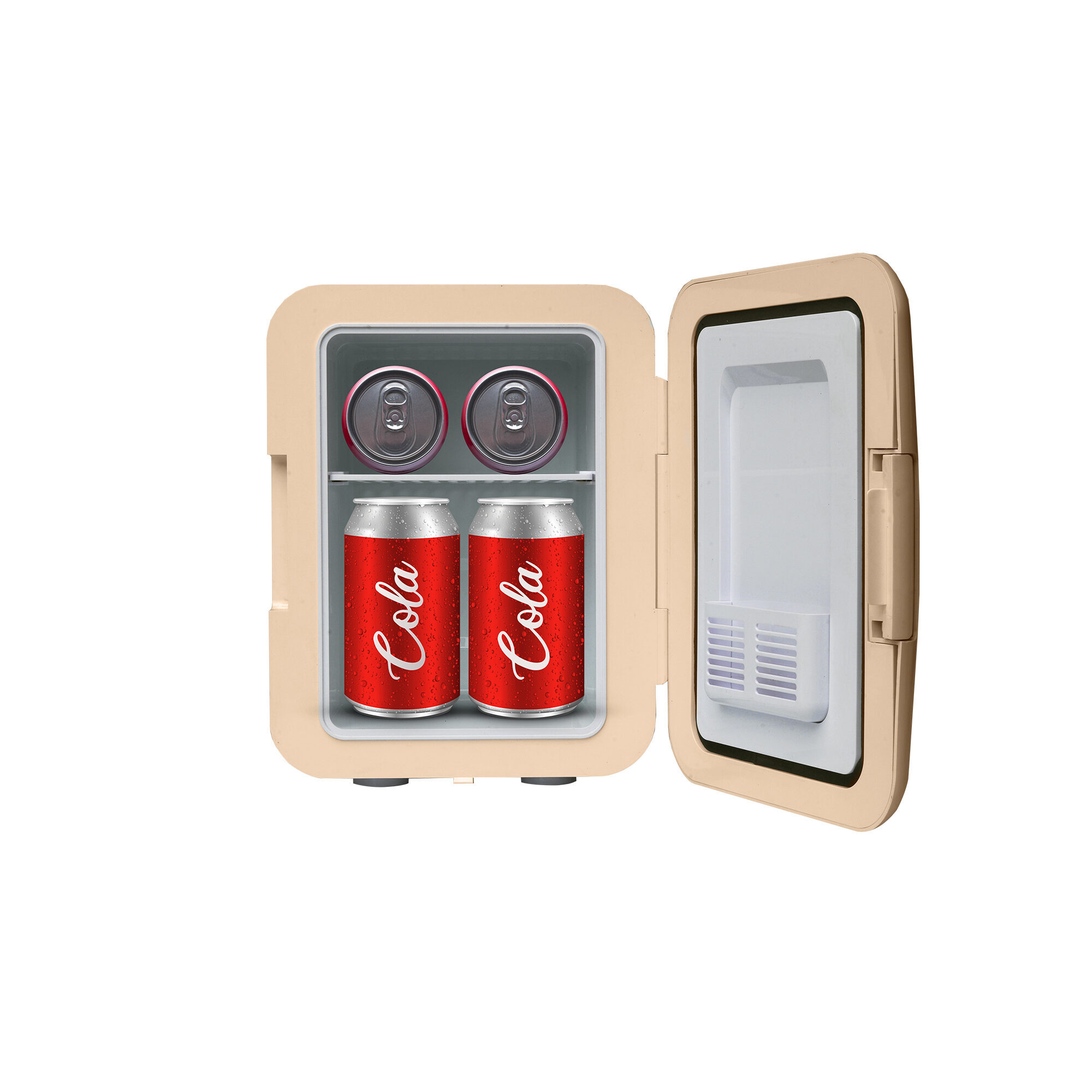 Mini frigo con porta aperta. All'interno ci sono quattro lattine di Cola. Il frigo è beige, con interno bianco.