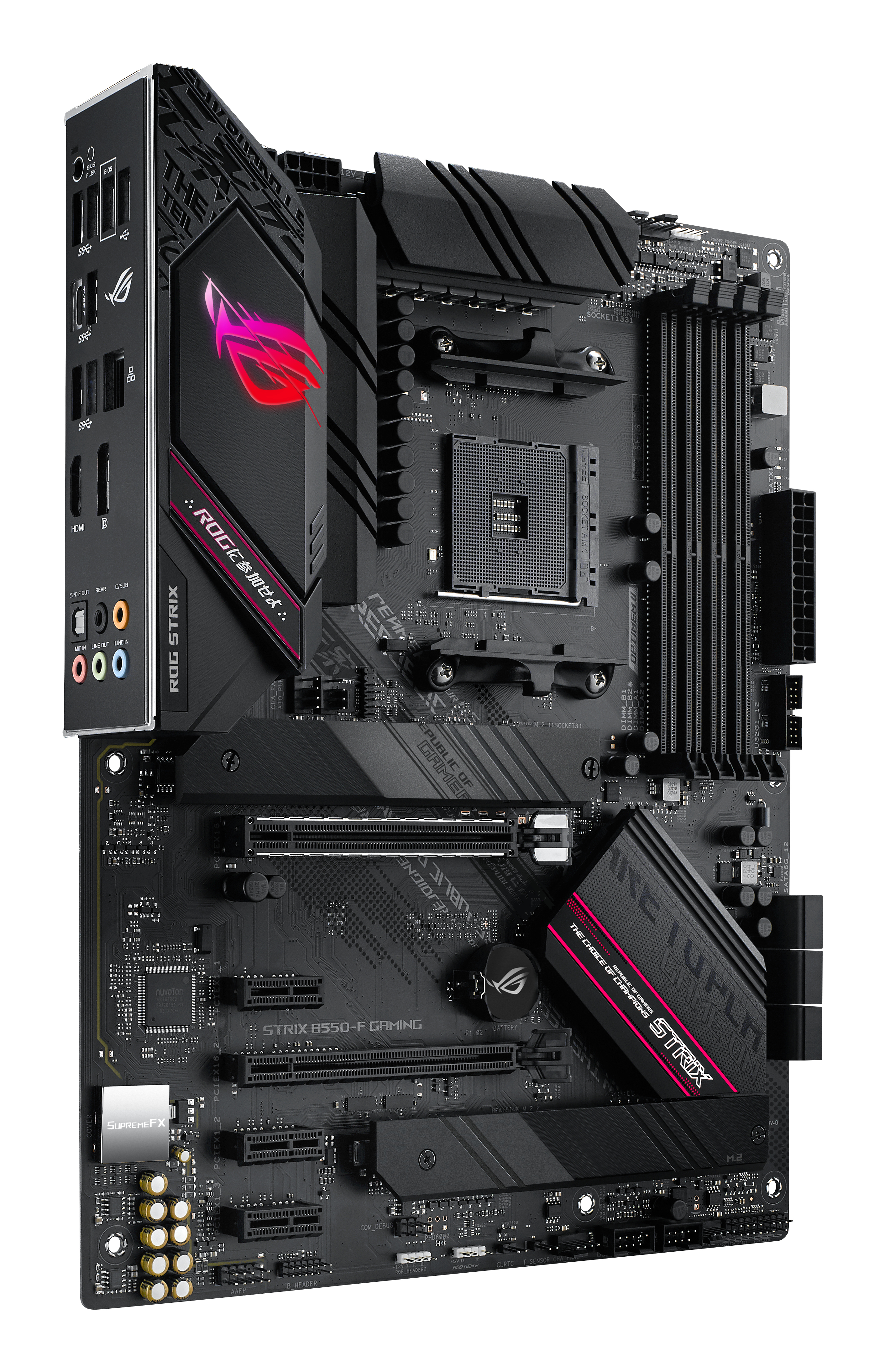 Czarna płyta główna ROG Strix B550-F Gaming z różnymi portami, gniazdami i logo ROG.