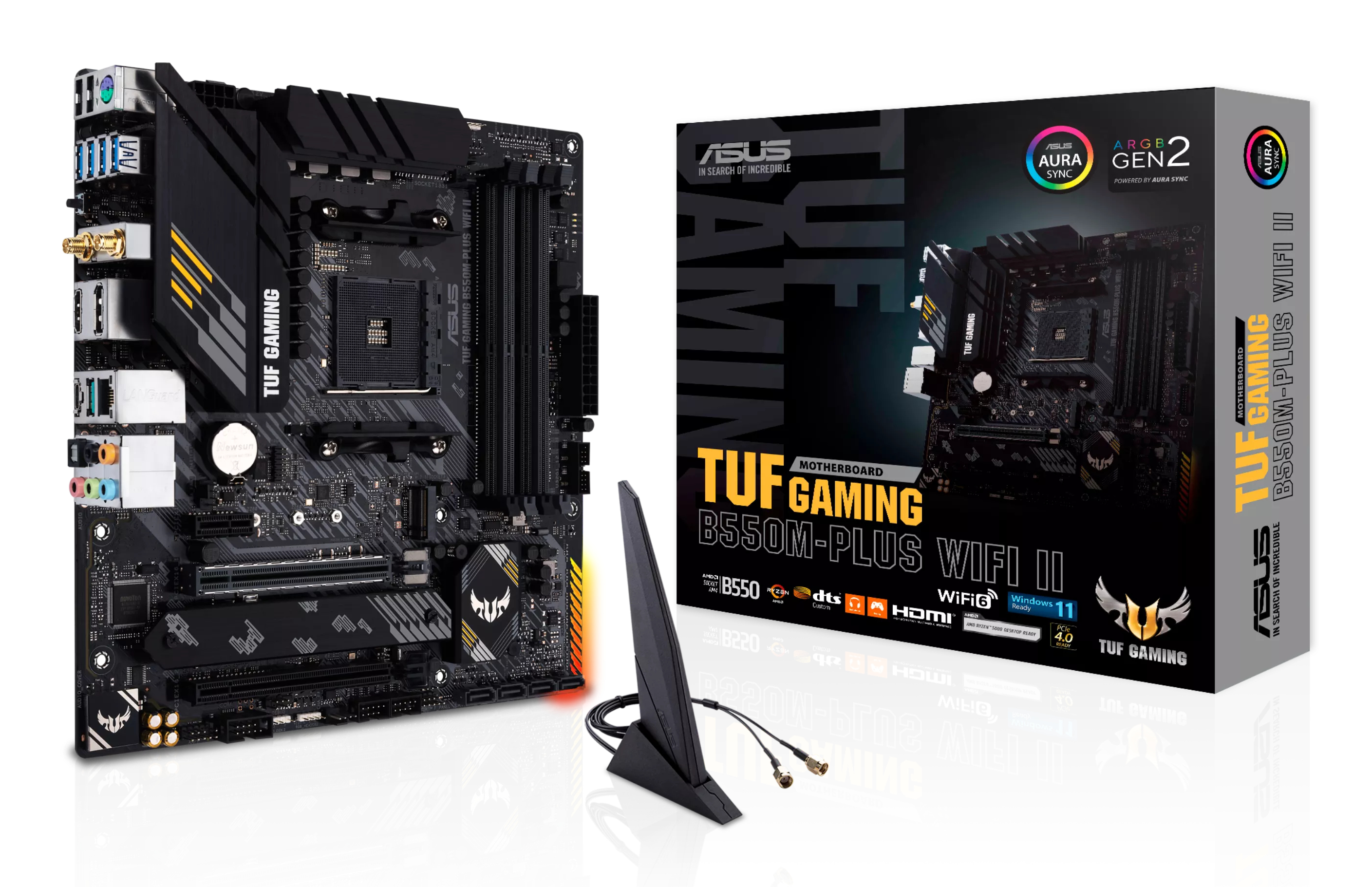 Ein ASUS TUF Gaming B550M-PLUS WIFI II-Motherboard neben der Box und einer Antenne.