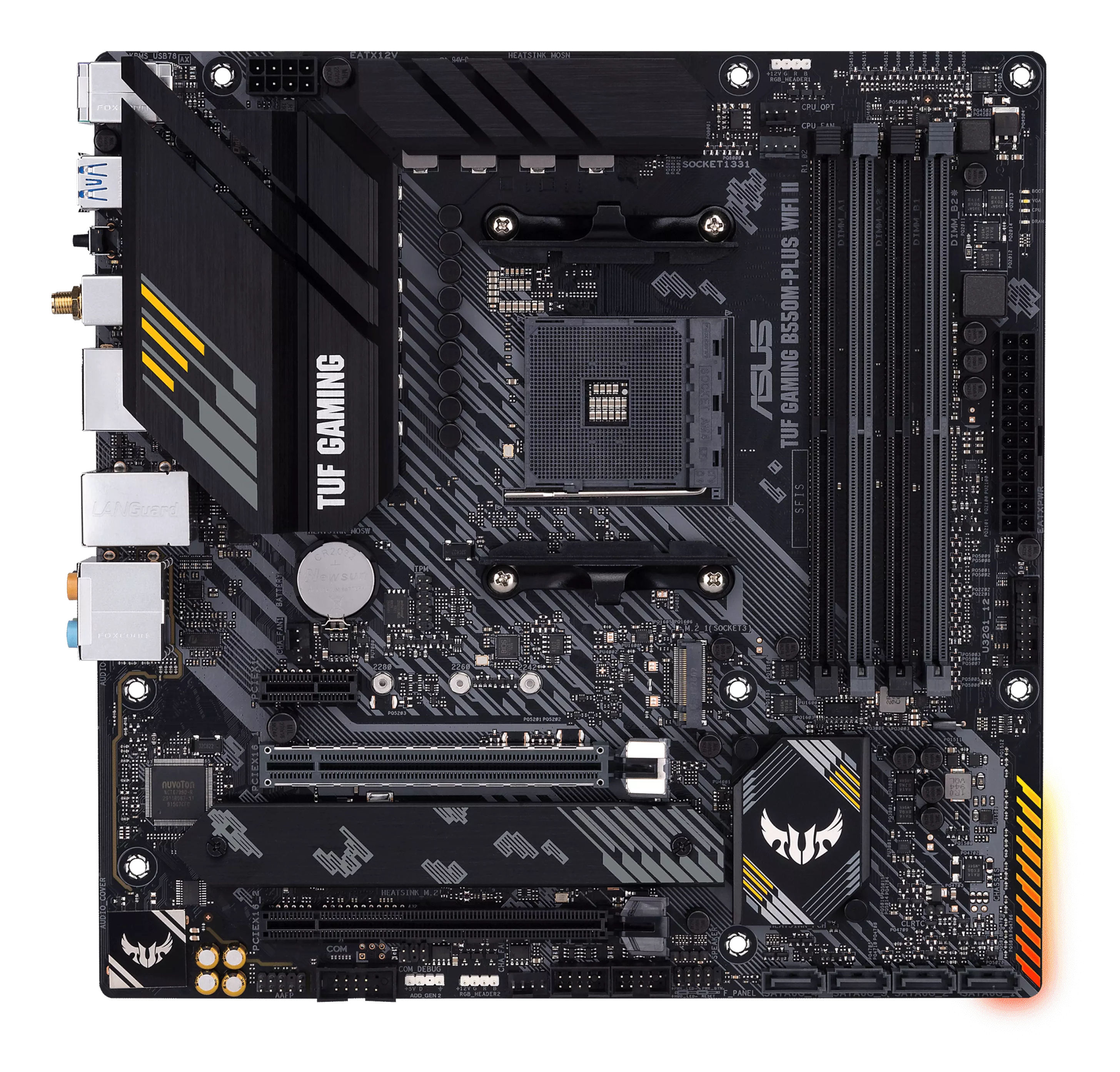 Ein schwarzes Motherboard mit verschiedenen Komponenten, darunter Steckplätze, Anschlüsse und ein CPU-Sockel.