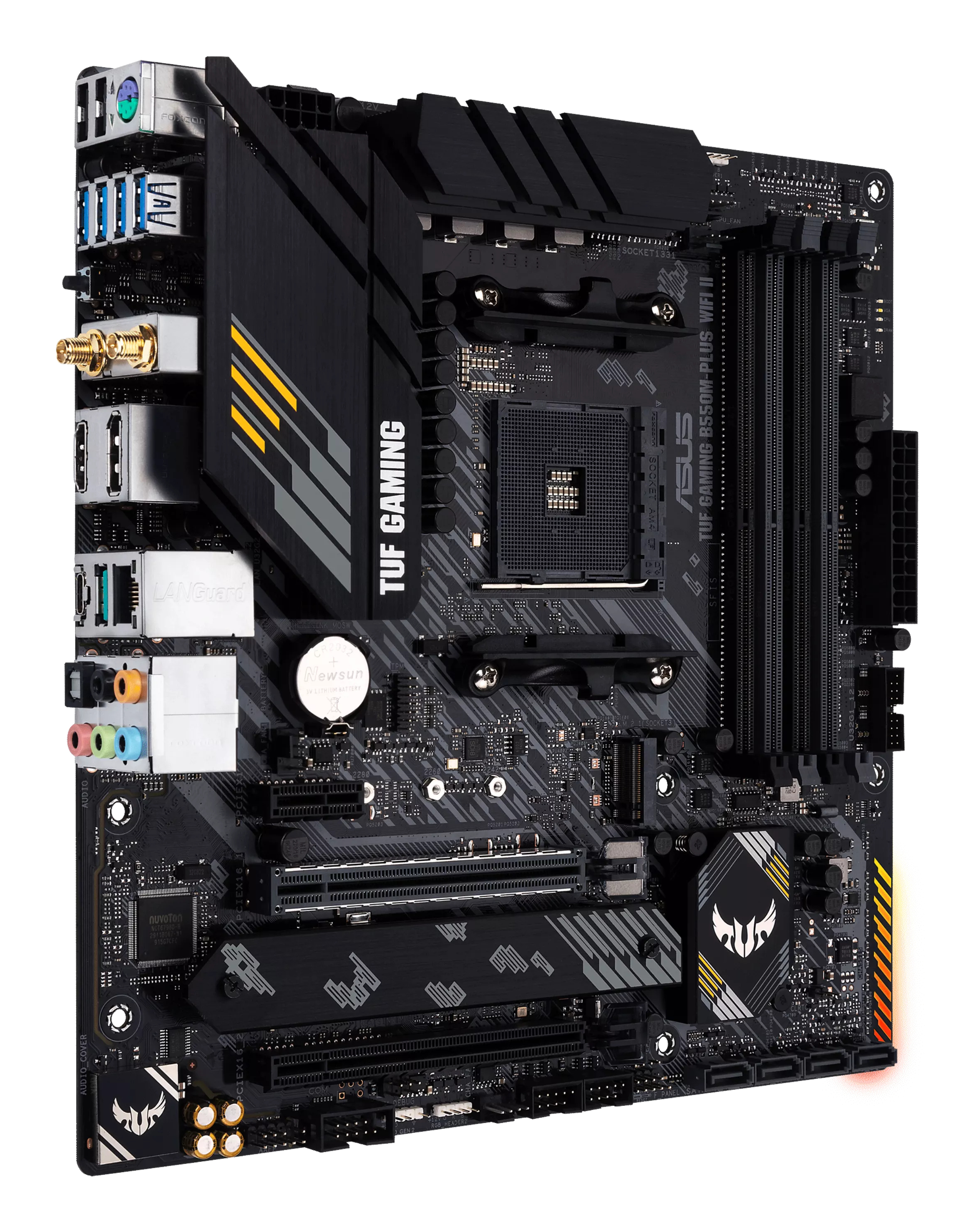 Ein schwarzes Computer-Motherboard mit gelben Akzenten. Es hat verschiedene Anschlüsse, Steckplätze und das TUF GAMING Logo.