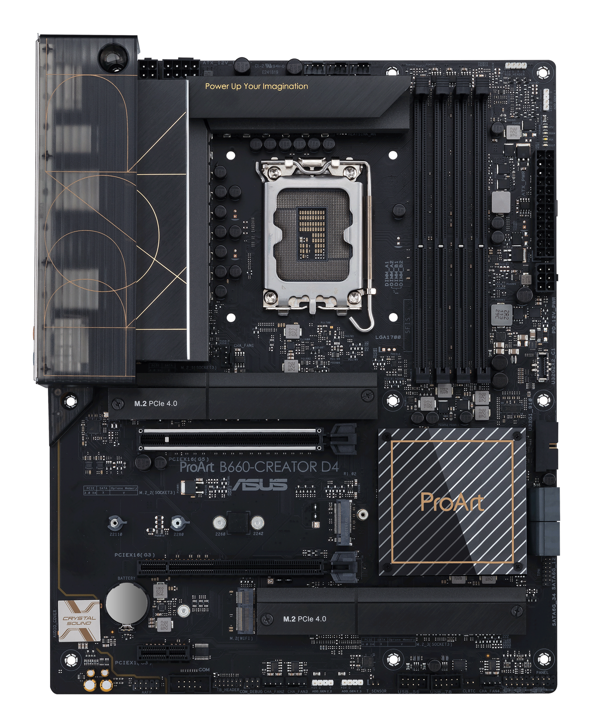 Una scheda madre nera con dettagli dorati. Include socket CPU, slot RAM e vari connettori.
