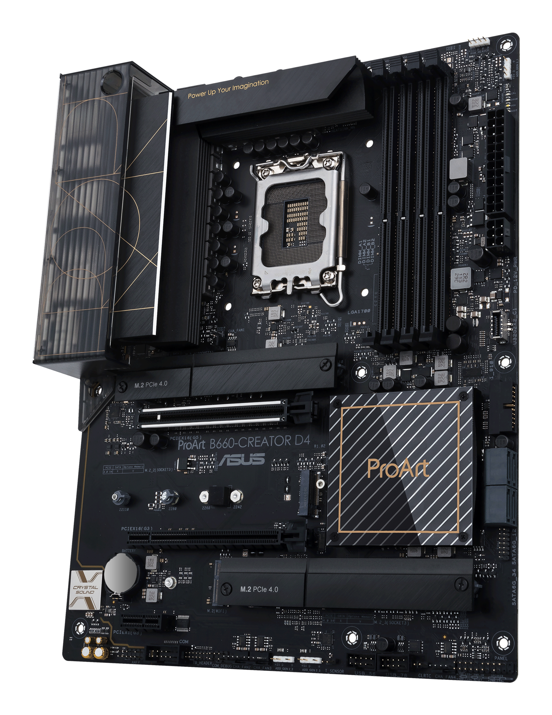 Una scheda madre nera con dettagli dorati. Ha slot, porte e componenti per un computer.
