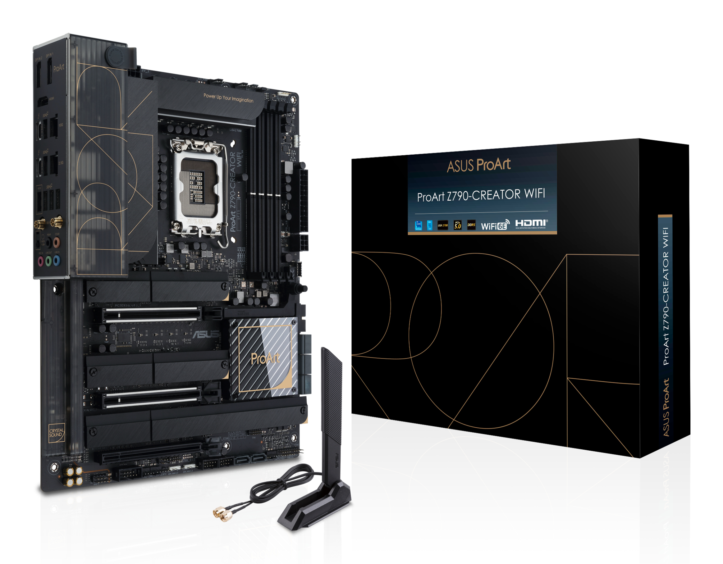 Una scheda madre e una scatola nere. La scatola dice 'ASUS ProArt Z790-CREATOR WIFI'.