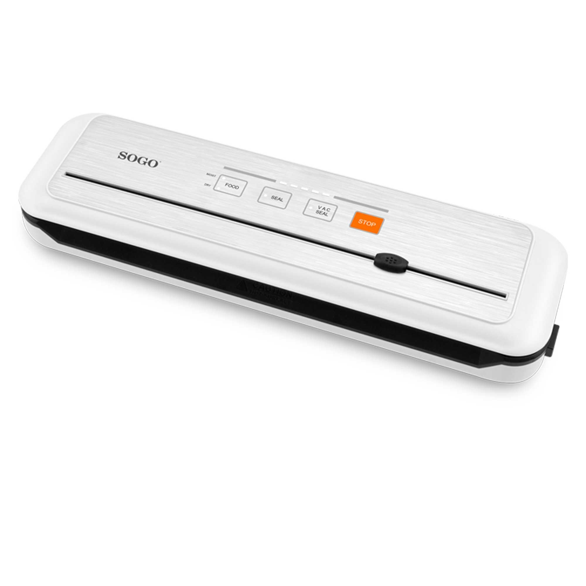 Una envasadora al vacío SOGO blanca y plateada. Tiene botones etiquetados como 'FOOD', 'SEAL' y 'VAC SEAL', con un botón naranja de 'STOP'.