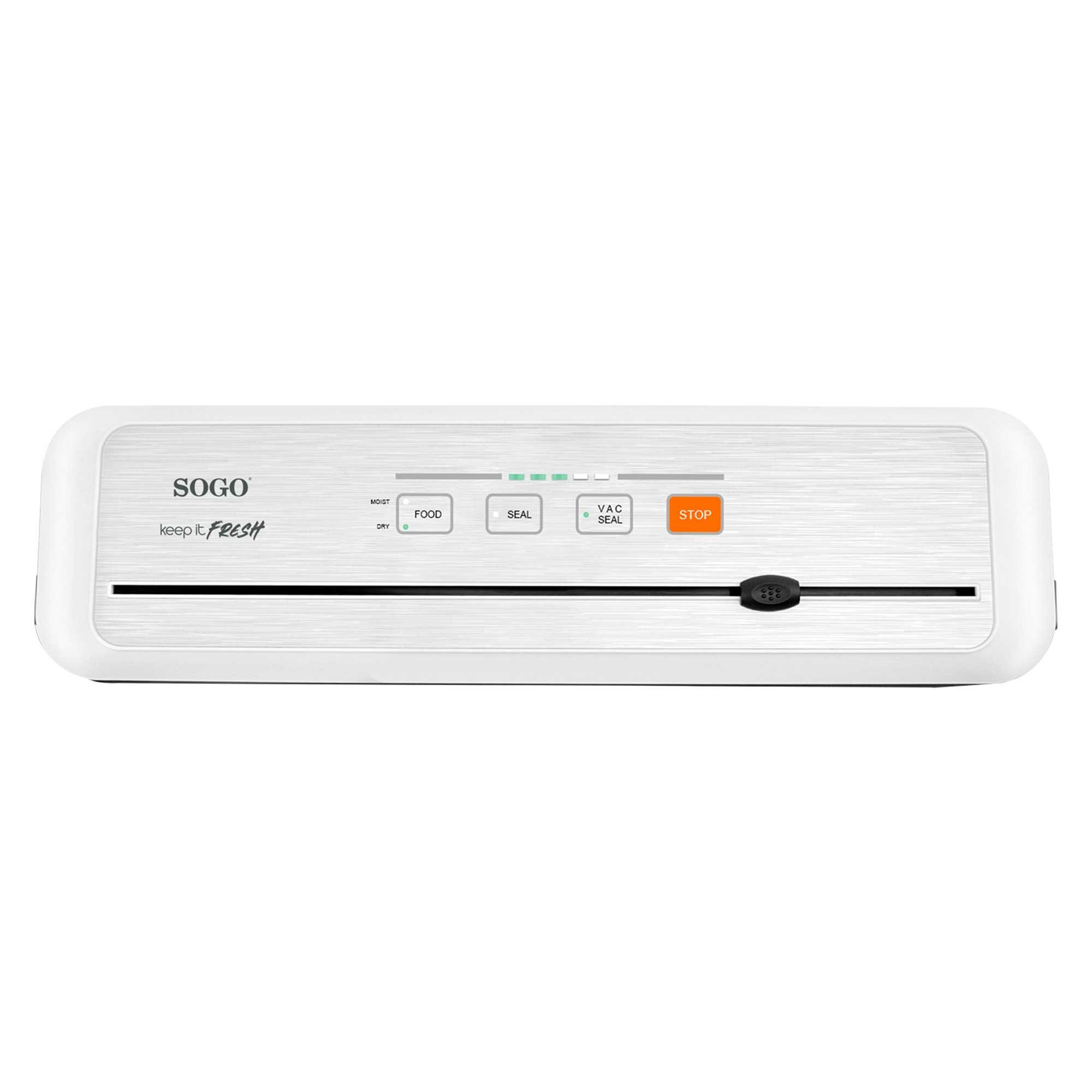 Sellador al vacío SOGO blanco. Botones incluyen Food, Seal, Vac Seal y Stop. Tiene luces indicadoras y un control deslizante negro.