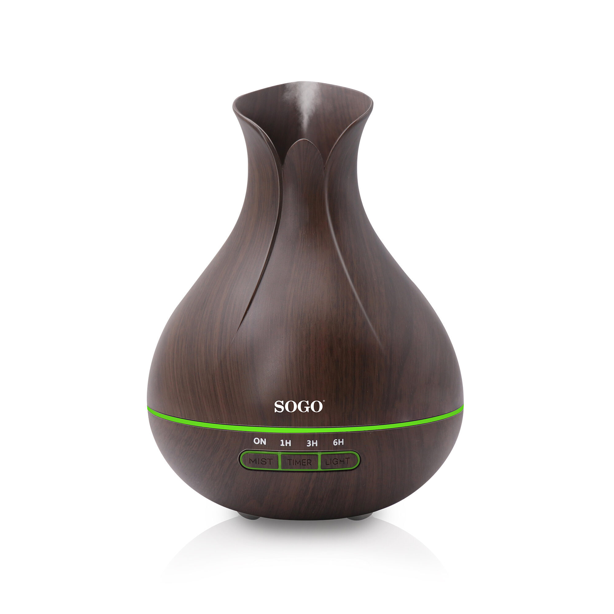 Un difusor SOGO marrón y verde. Tiene una textura de madera, una línea verde y botones en la parte inferior. El vapor blanco sale por la parte superior.