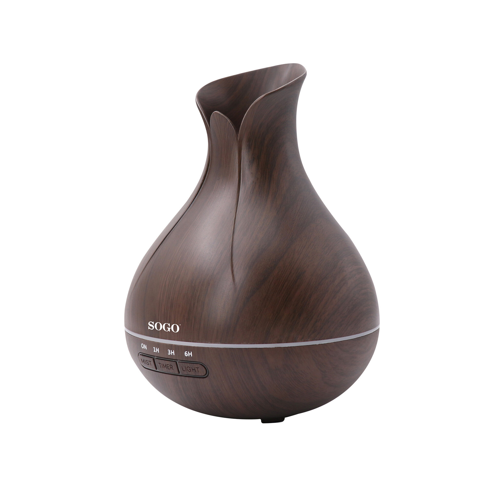 Un difusor de aroma SOGO marrón, con acabado de vetas de madera, con botones de control: niebla, temporizador, luz y ajustes de temporizador.