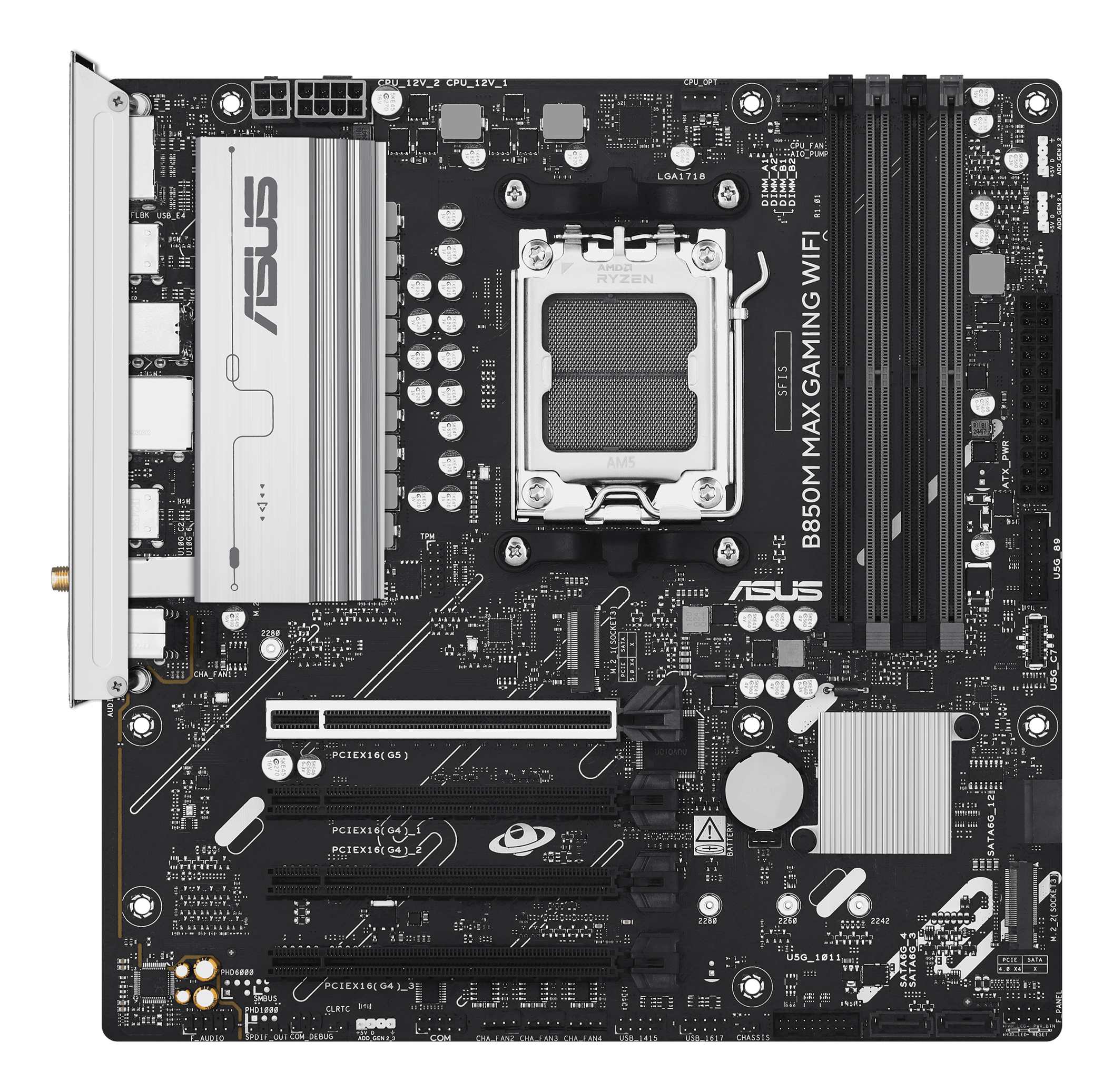 Scheda madre nera con dettagli argento. Presenta slot, porte e il logo ASUS. Componenti densi.