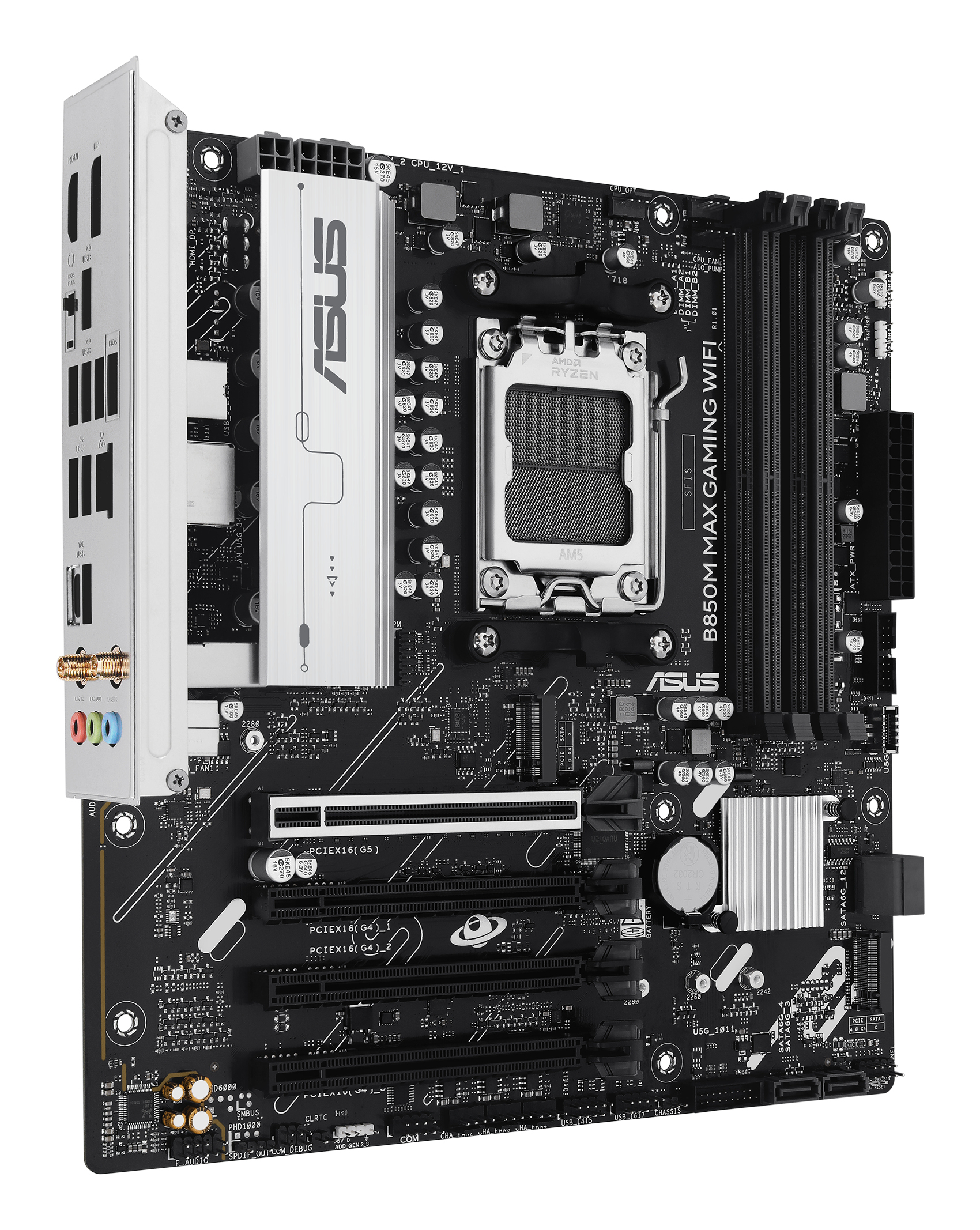 Scheda madre nera ASUS B850M MAX GAMING WIFI. Dissipatori argento e logo ASUS visibili.