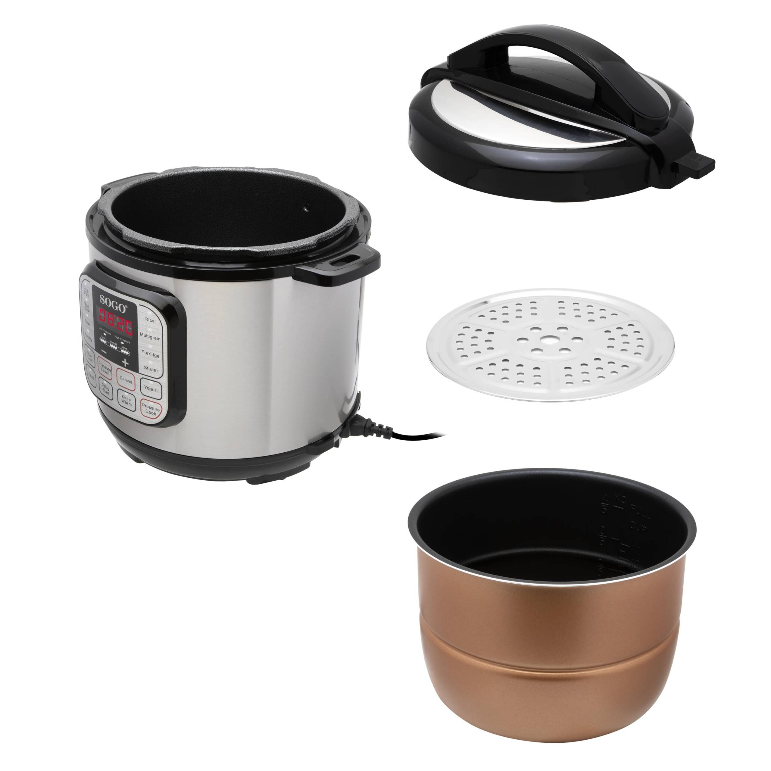 Una olla a presión eléctrica con tapa, olla interior, vaporera y accesorios. La olla tiene pantalla digital y panel de control.