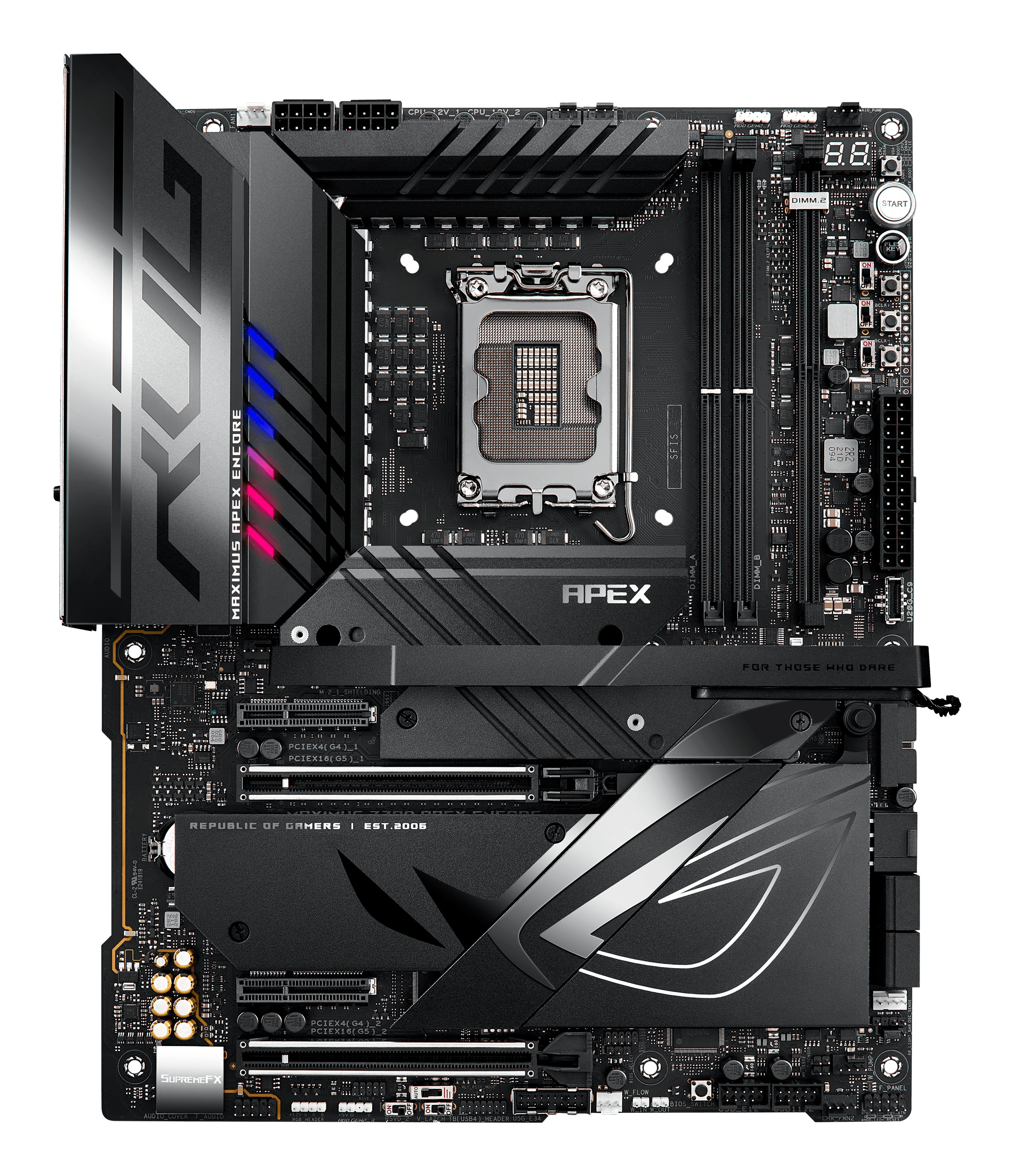 Una scheda madre per computer nera con accenti argento e rossi. Presenta varie porte, slot e il logo ROG.