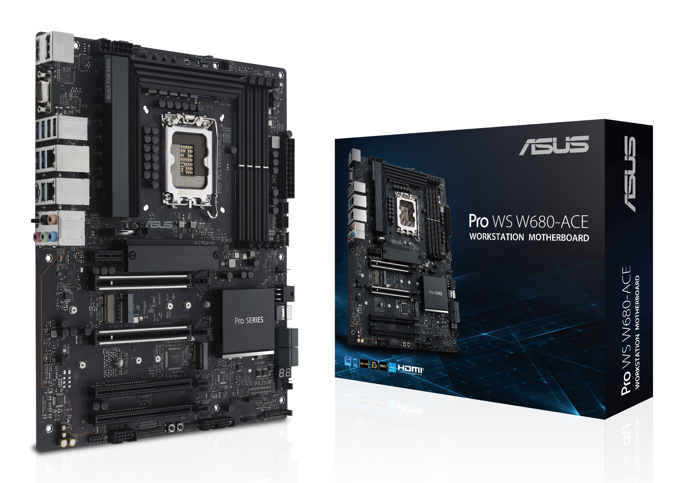 Czarna płyta główna ASUS Pro WS W680-ACE i jej pudełko. Pudełko przedstawia płytę główną i logo ASUS.