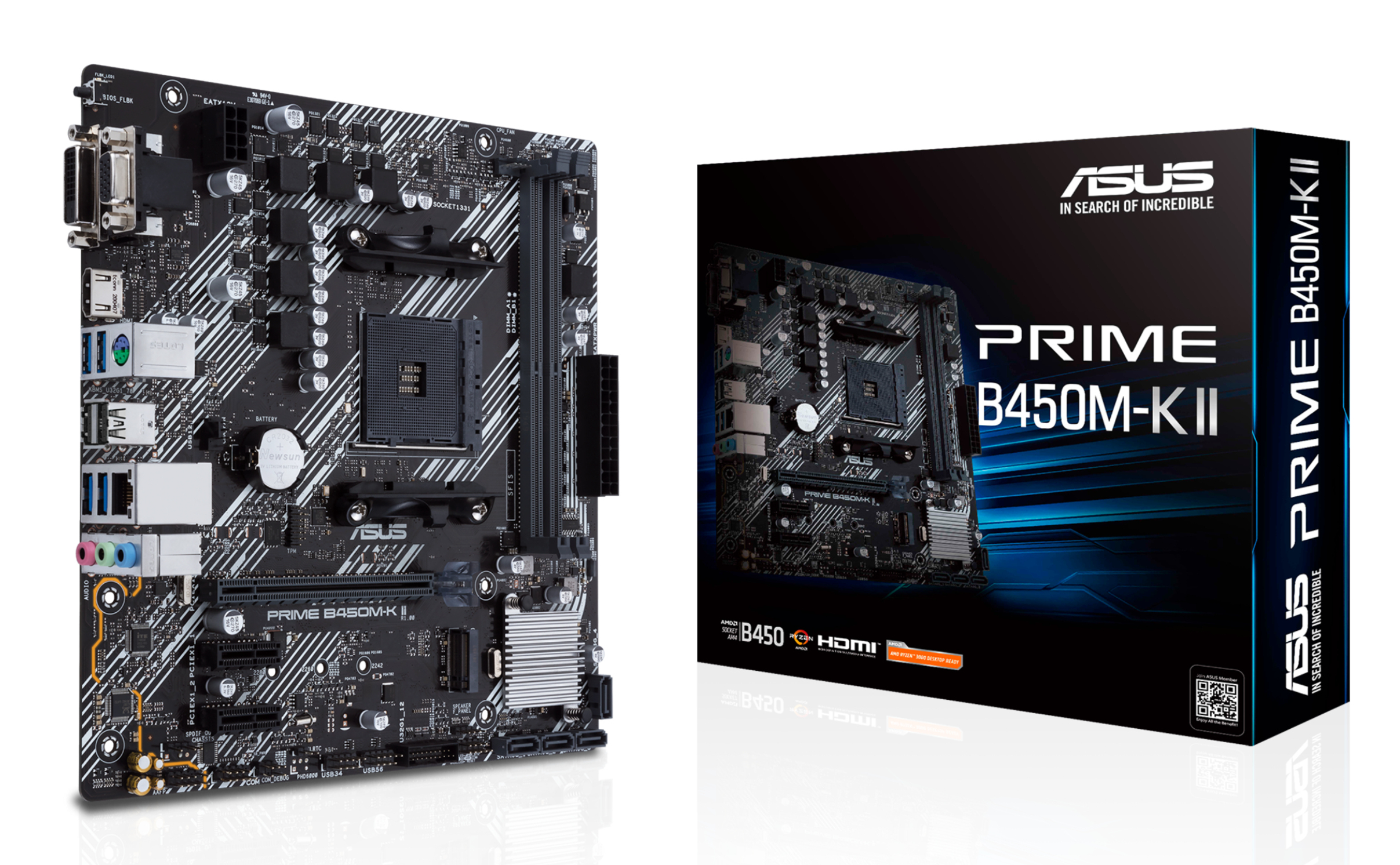 Una scheda madre ASUS Prime B450M-K II e la sua scatola sono mostrate. La scheda madre è nera, con vari componenti.
