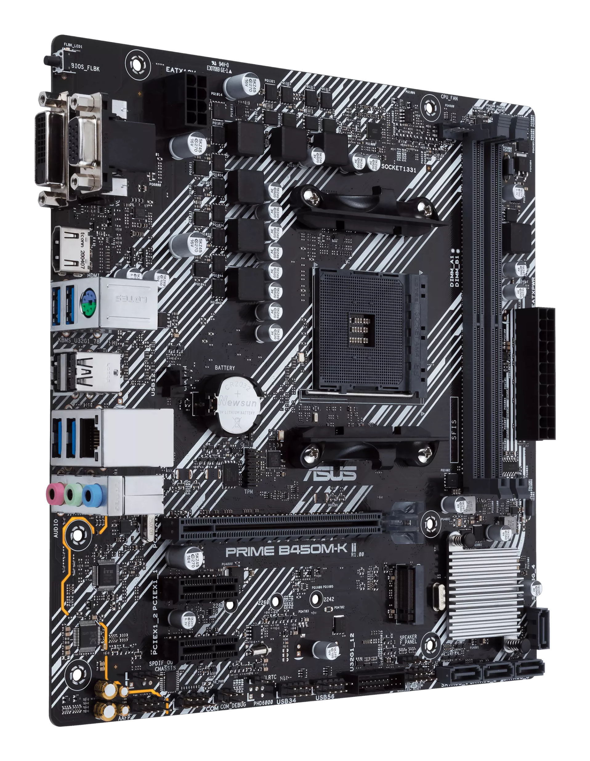 Una scheda madre ASUS Prime B450M-K II nera con vari componenti e porte.