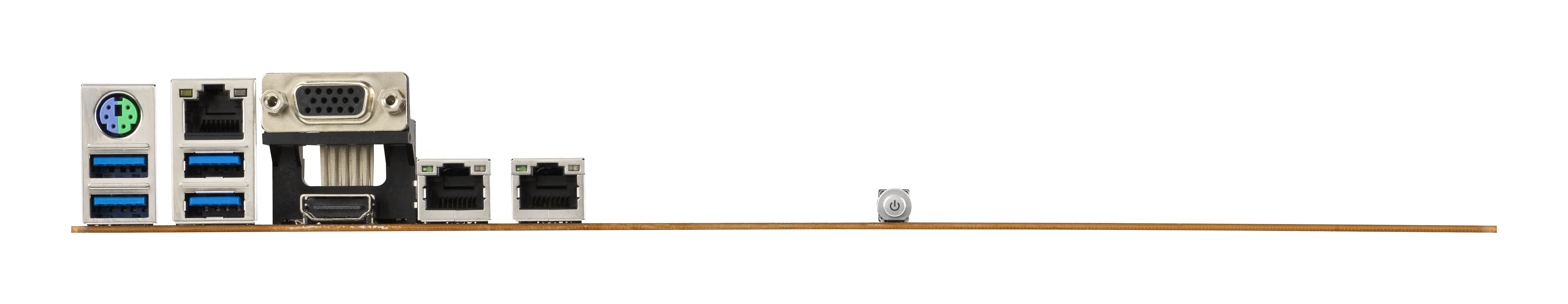 Panel tylny płyty głównej z portami PS/2, USB, VGA, HDMI i Ethernet. Widoczny również przycisk zasilania.