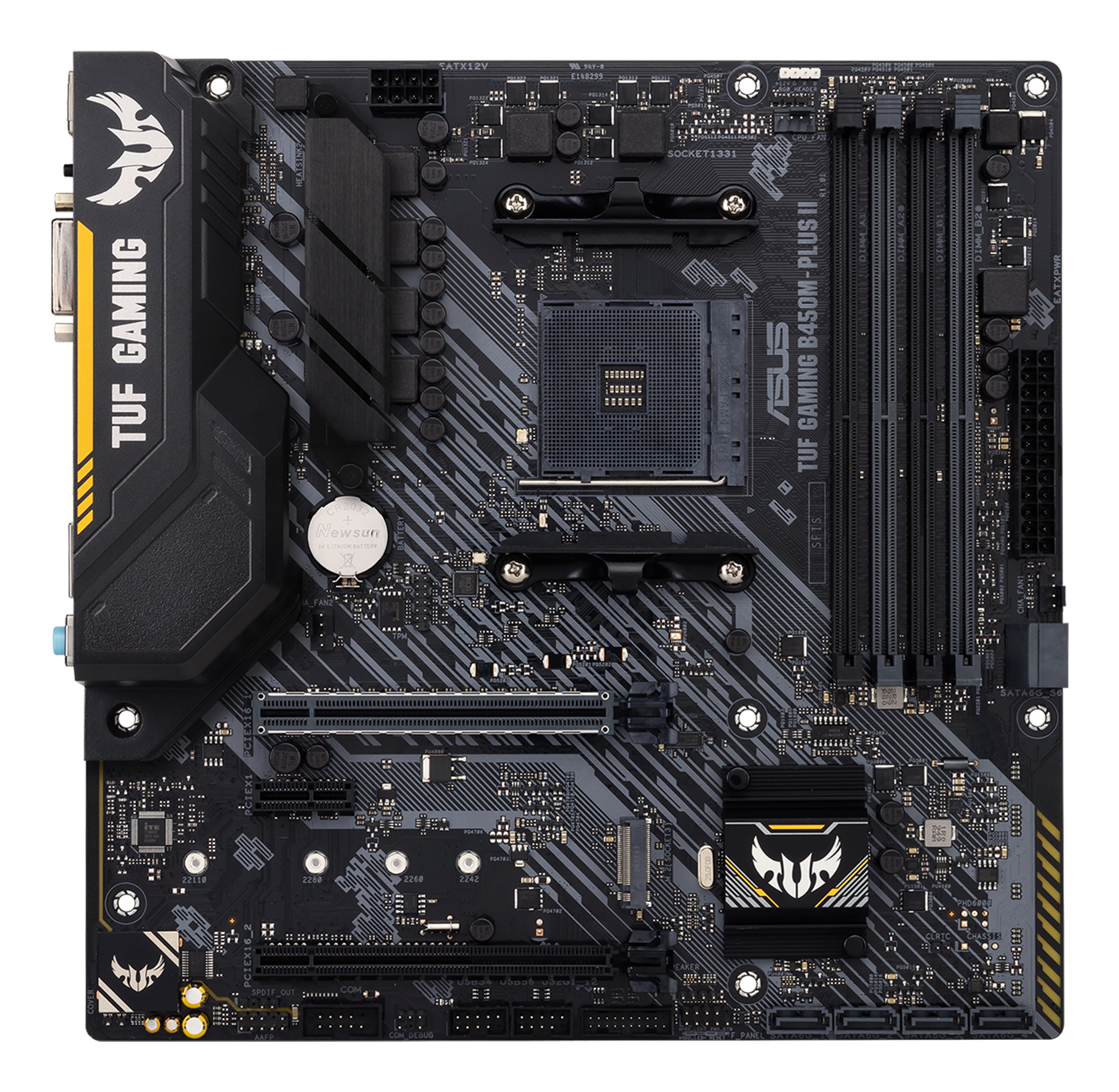 Una scheda madre ASUS TUF GAMING B450M-PLUS II nera e grigia. Ha slot per componenti e il logo TUF GAMING.