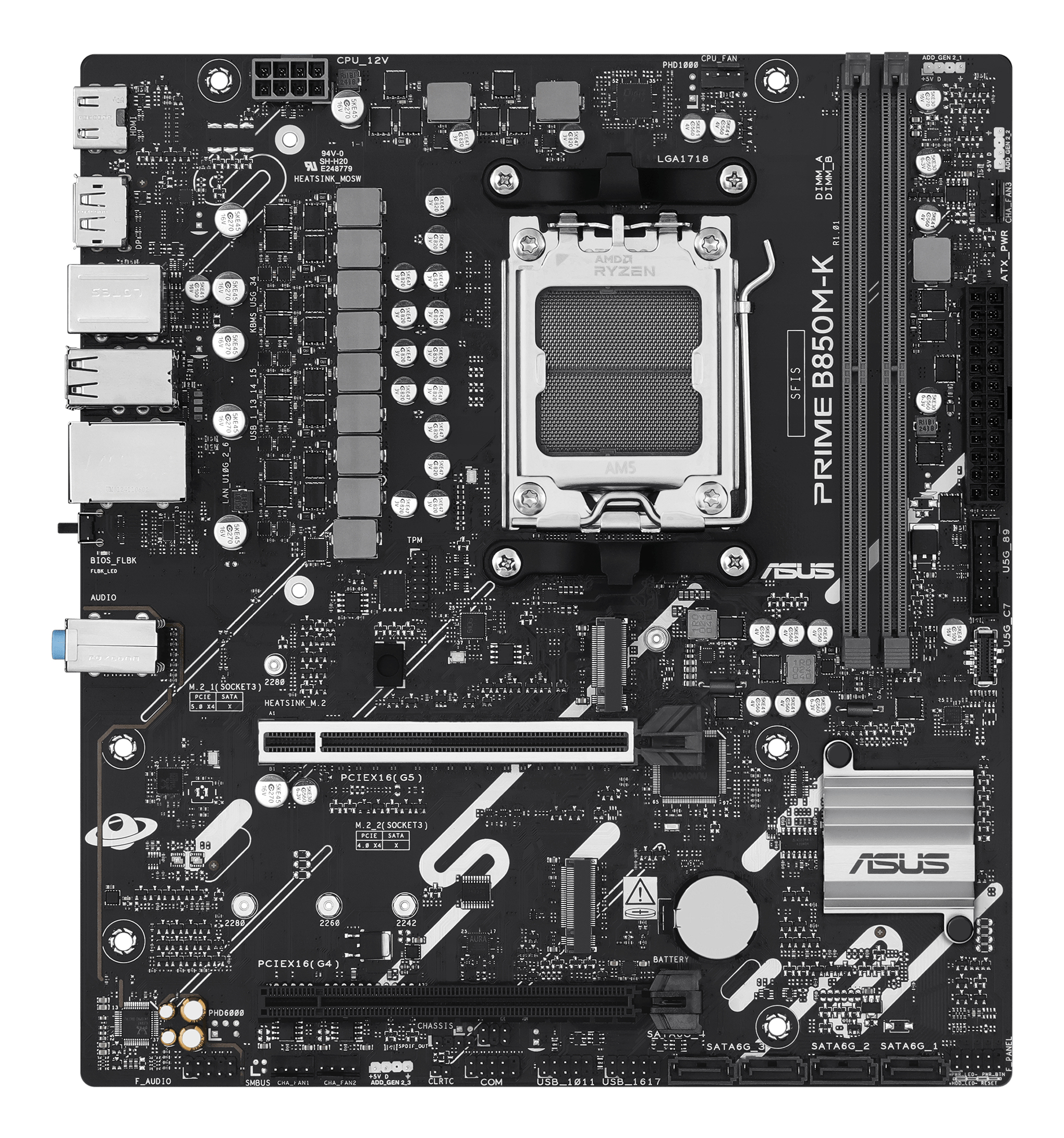 Schwarzes Motherboard mit Komponenten, Steckplätzen und Markendetails, darunter ASUS- und Ryzen-Logos.