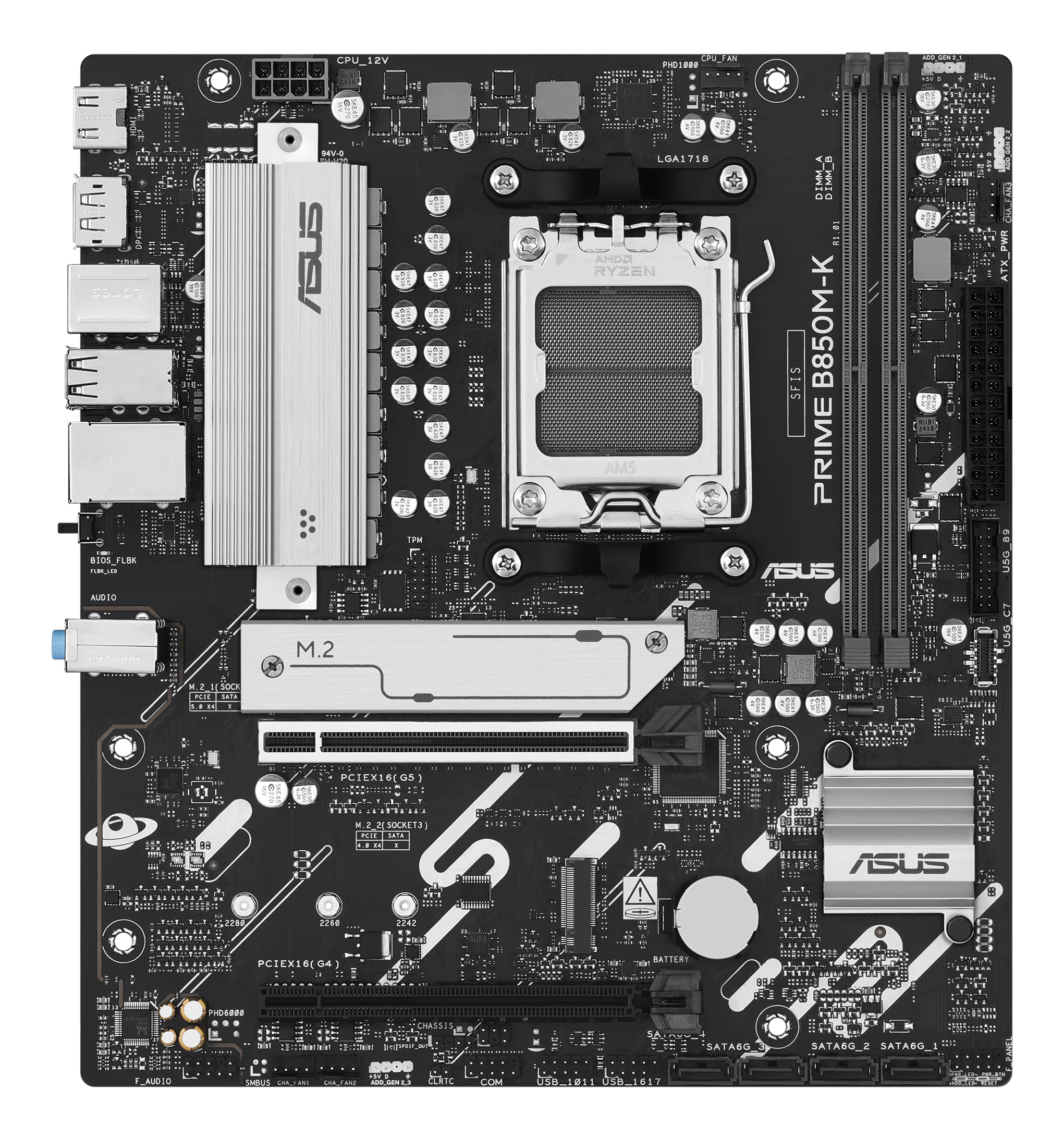 Schwarzes ASUS Prime B850M-K-Motherboard mit mehreren Steckplätzen und Komponenten.