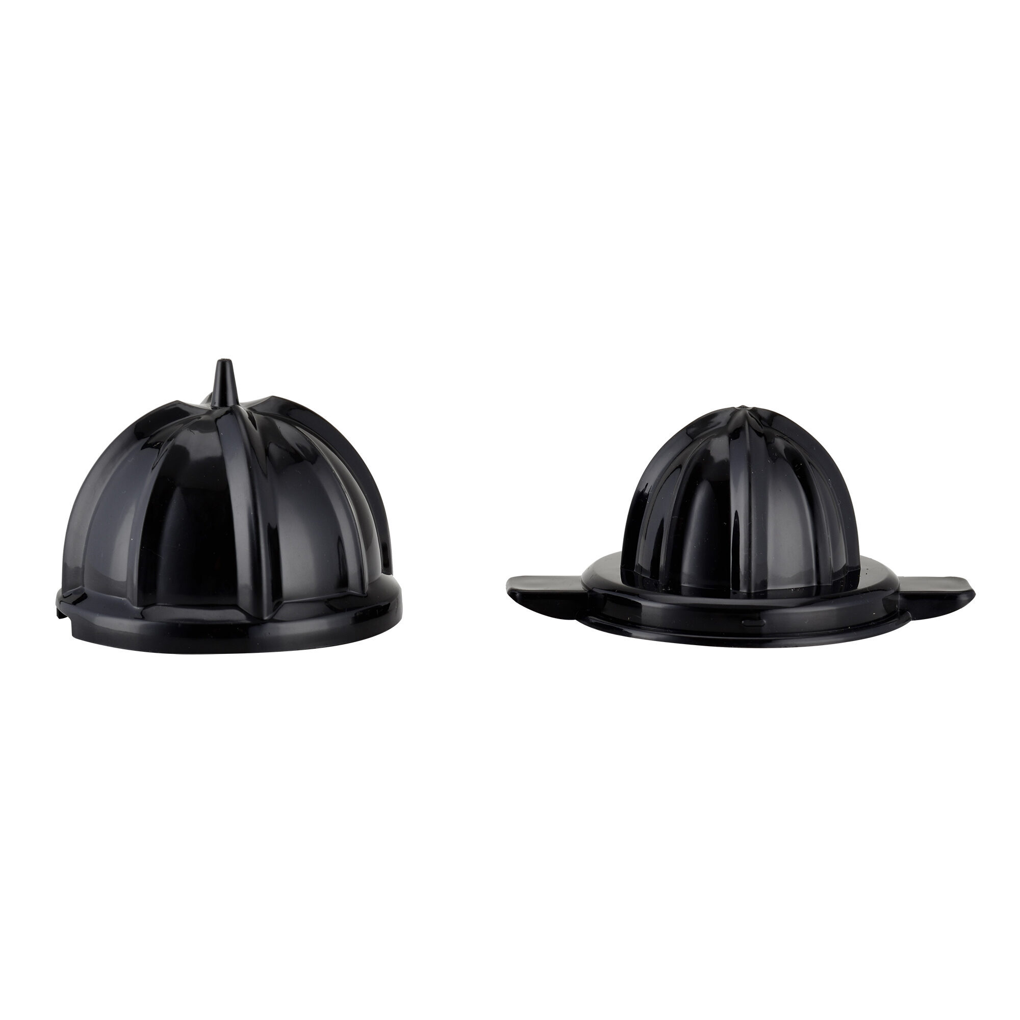 Due parti nere di spremiagrumi su sfondo bianco. Uno è una cupola, l'altro ha una base.