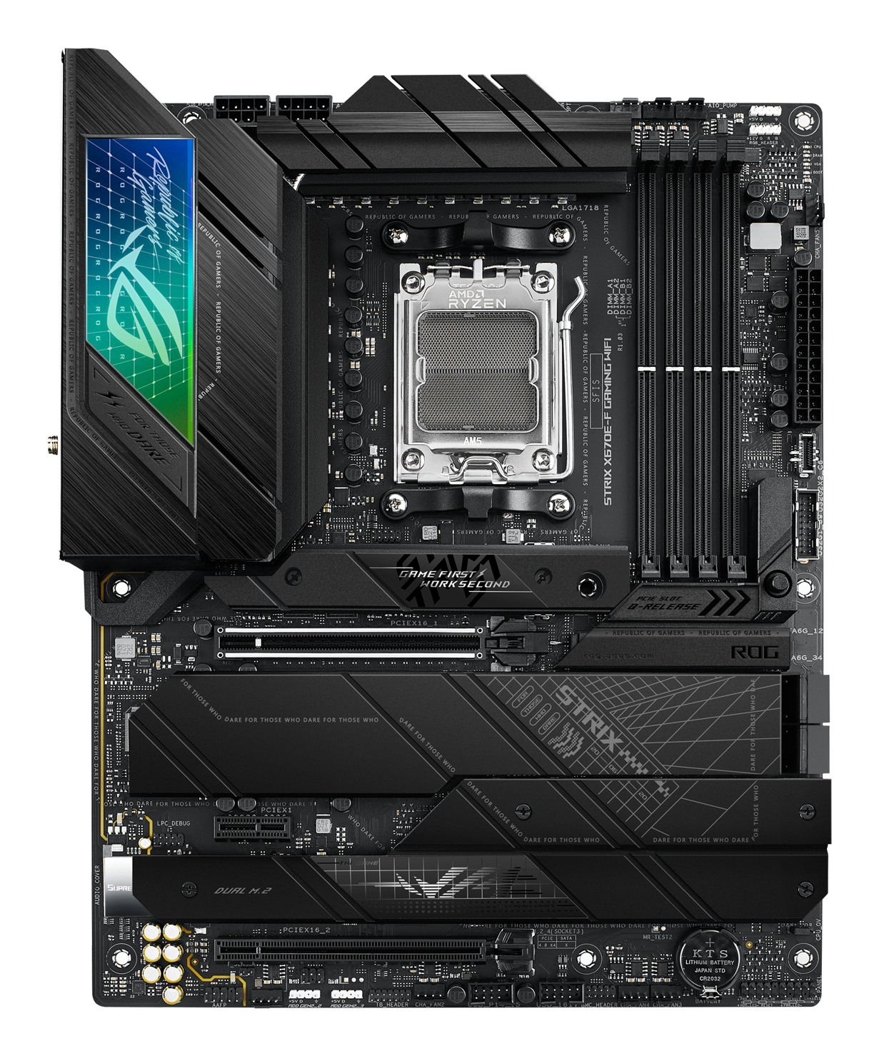 Une carte mère noire avec processeur AMD Ryzen et la marque ROG. Divers composants et emplacements sont visibles.