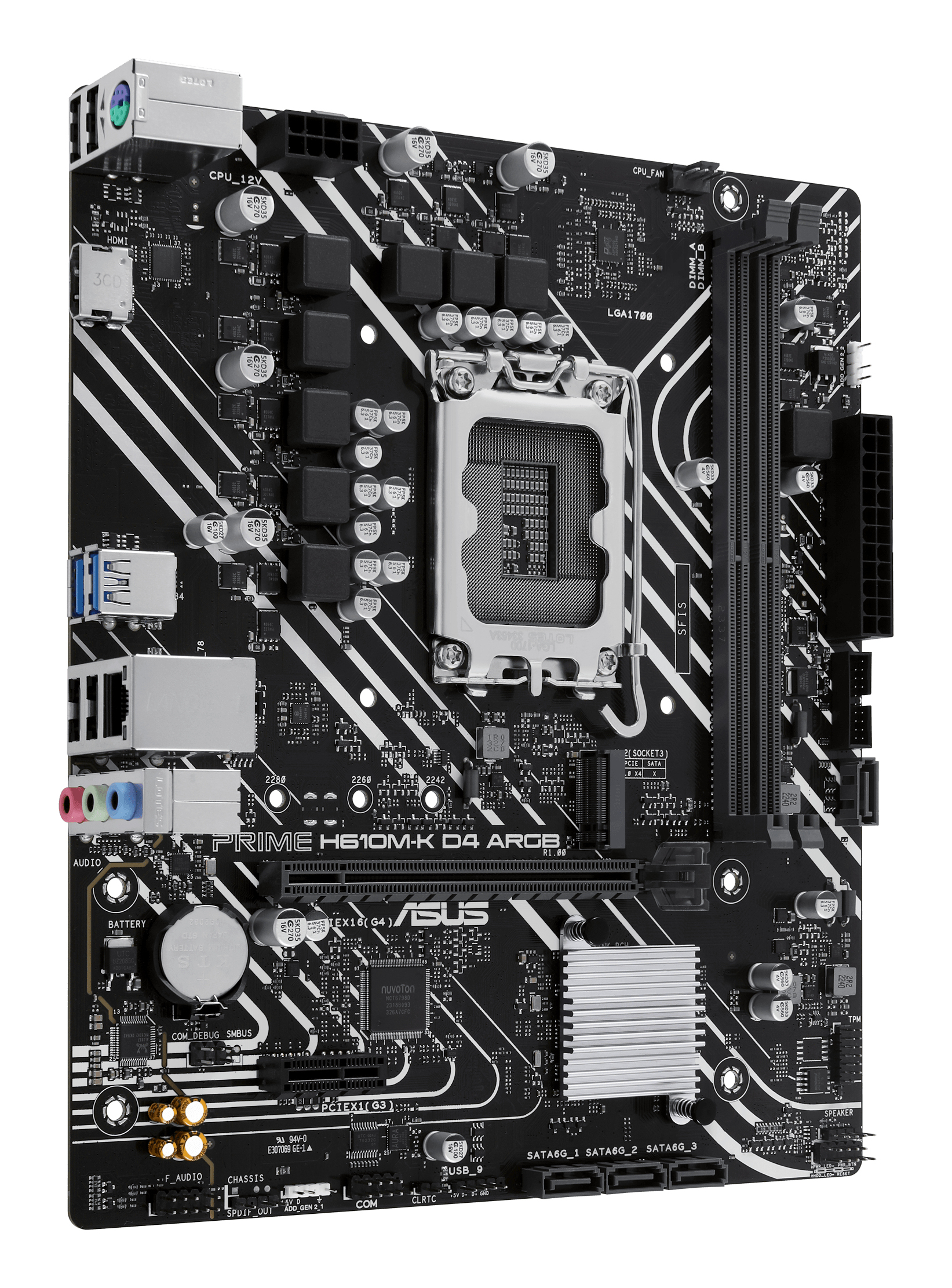 Carte mère ASUS PRIME H610M-K D4 ARCB noire avec divers composants, ports et emplacements.