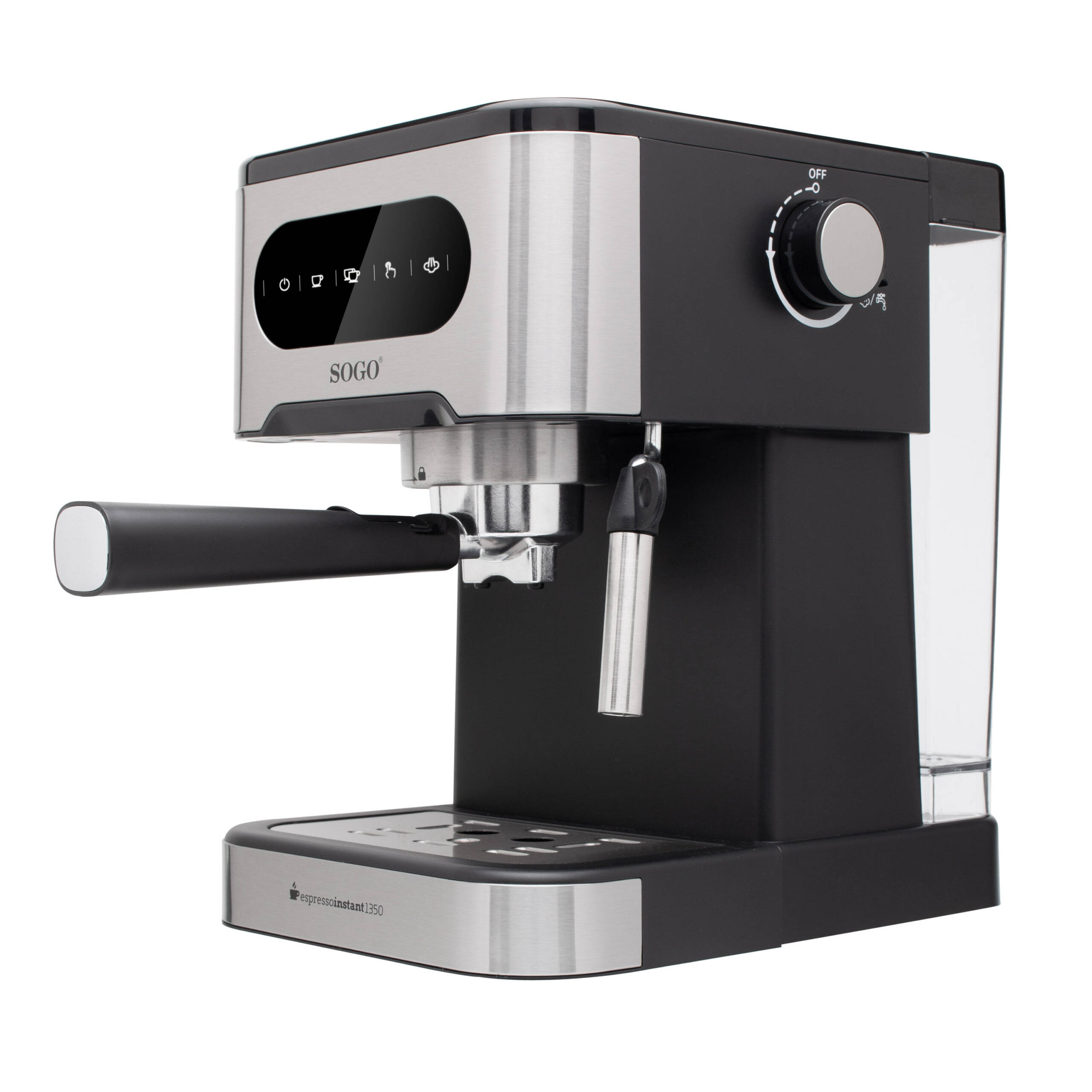 Una máquina de espresso SOGO. Tiene un diseño negro y plateado. La máquina tiene un depósito de agua y un panel de control.