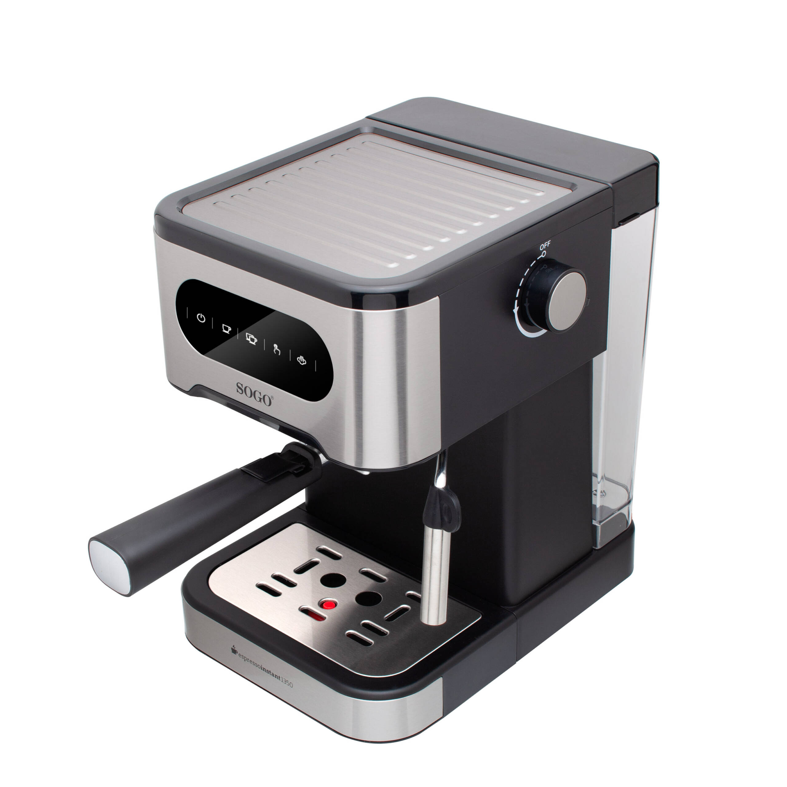 Una máquina de espresso SOGO. Es negra y plateada. Tiene un mango, un depósito de agua y un dial para la configuración. Sobre fondo blanco.
