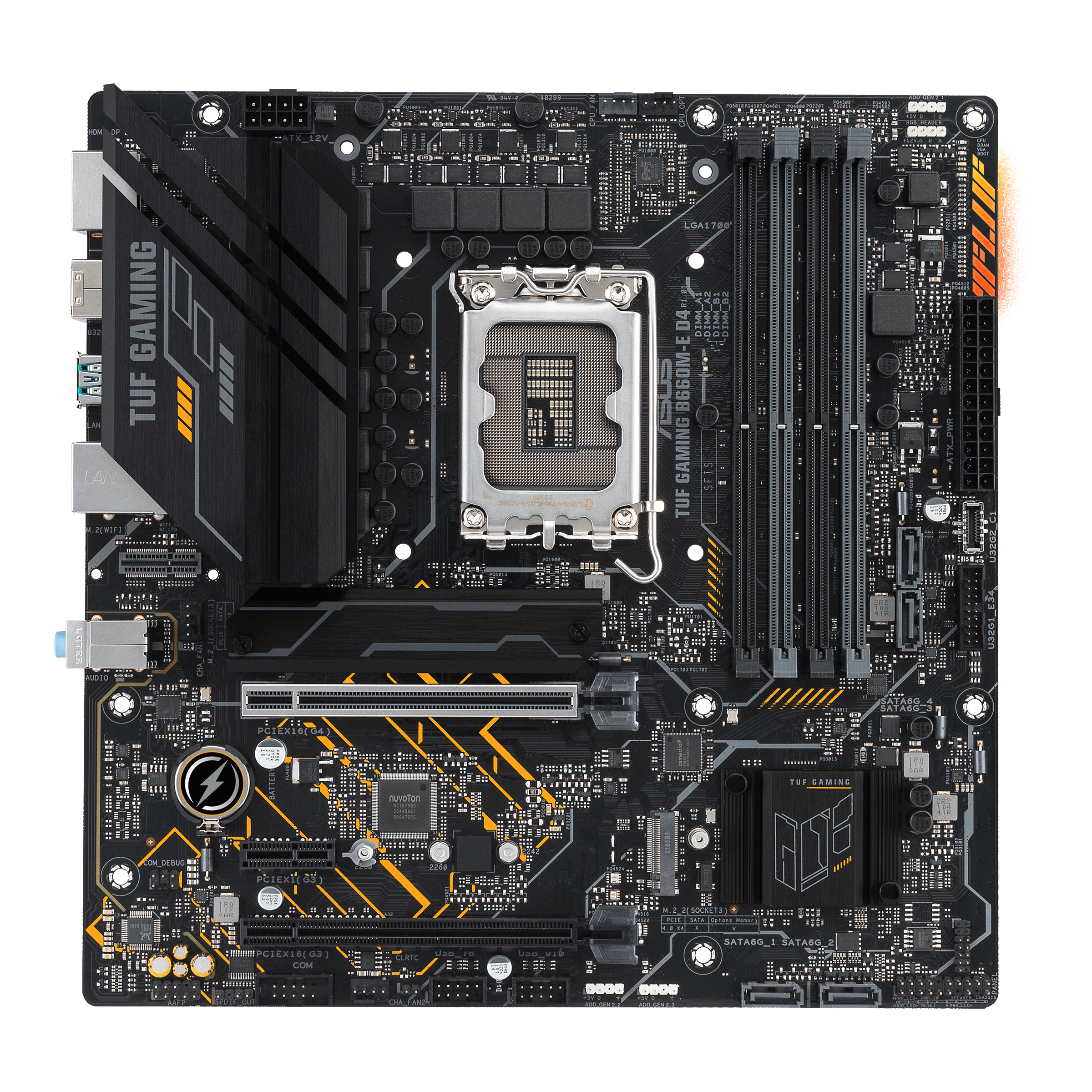Scheda madre nera con dettagli gialli. Ha socket CPU, slot RAM e varie porte e connettori.