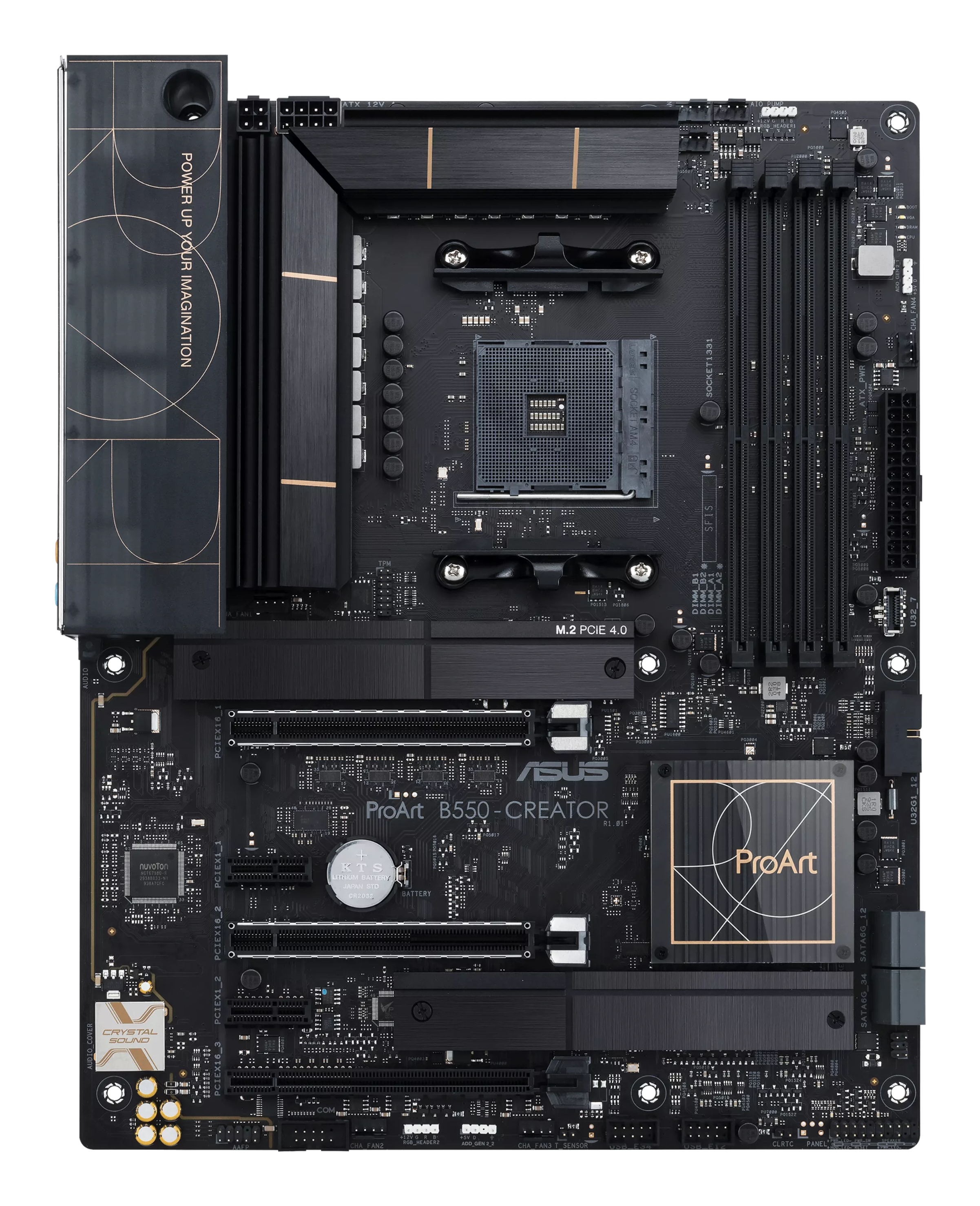 Scheda madre nera ASUS ProArt B550-Creator con più slot, connettori e la scritta 'POWER UP YOUR IMAGINATION'.