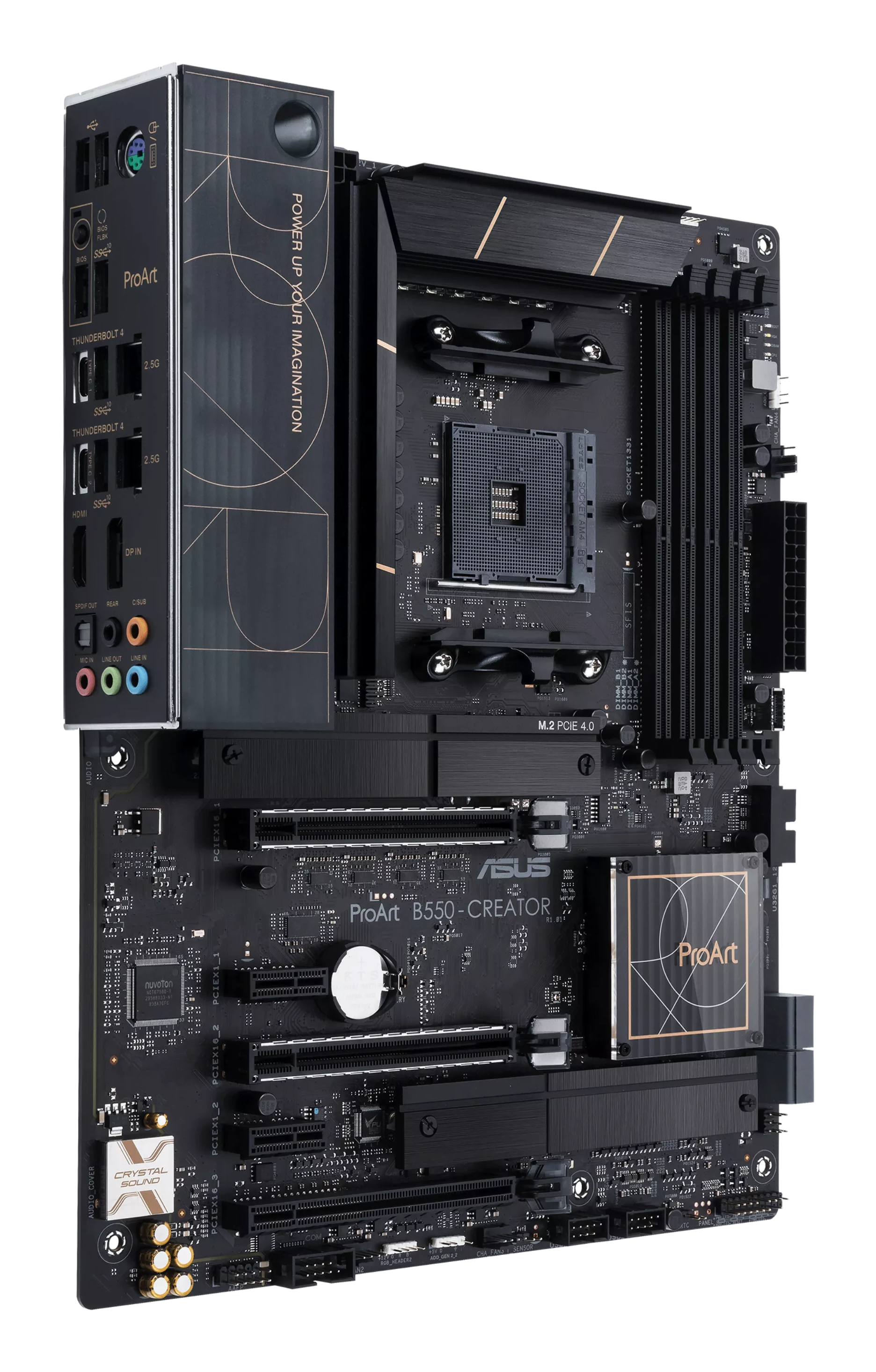 Scheda madre nera ASUS ProArt B550-CREATOR con più porte e slot. Accenti color rame e sfondo bianco.