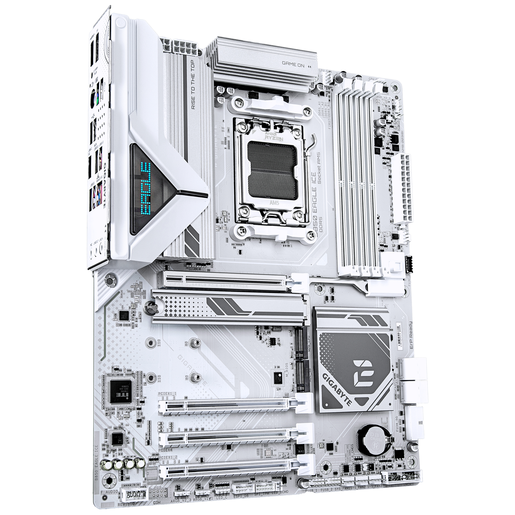 Une carte mère blanche Gigabyte B850 Eagle ICE. Elle comporte divers emplacements, ports et le logo AMD Ryzen. Fond blanc.