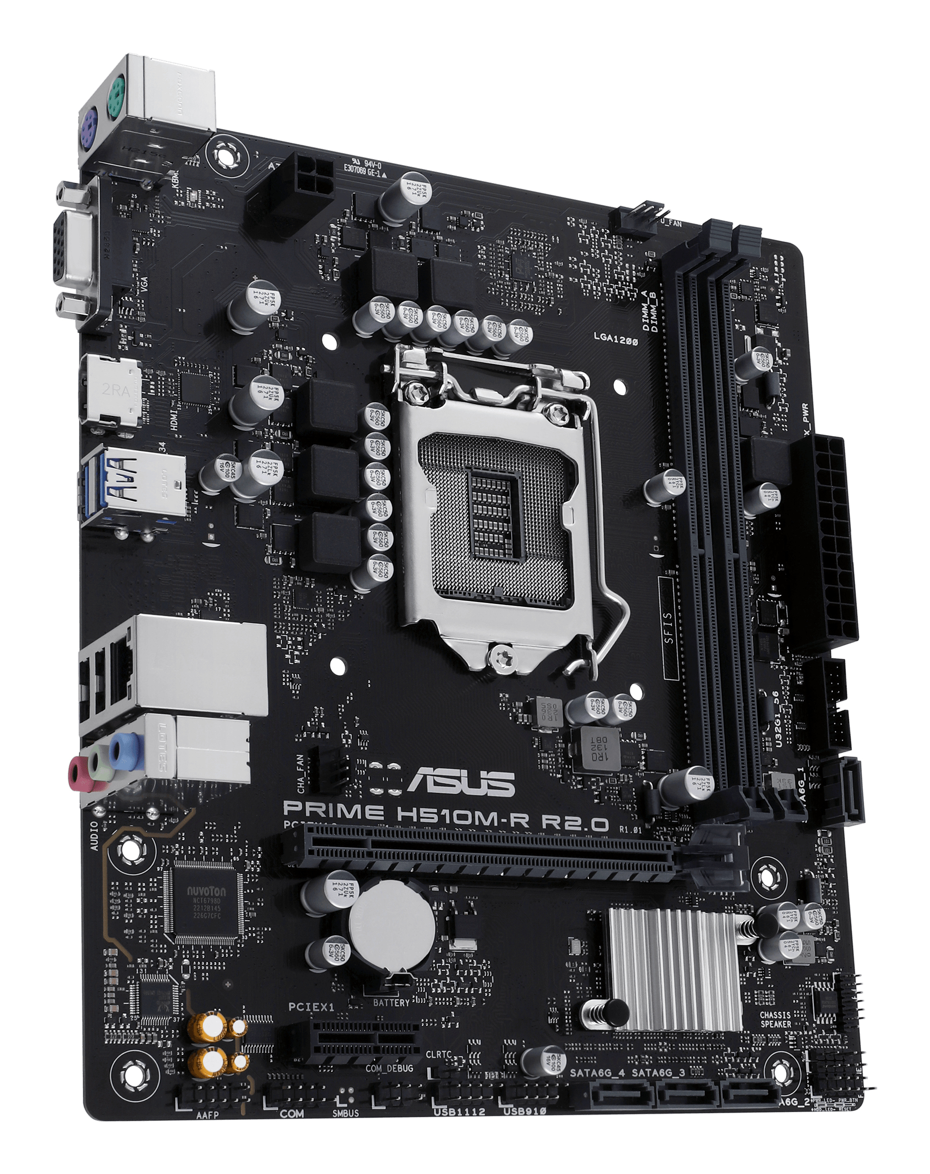 Placa base negra ASUS PRIME H510M-R R2.0. Zócalo CPU plateado, varios conectores y componentes visibles.