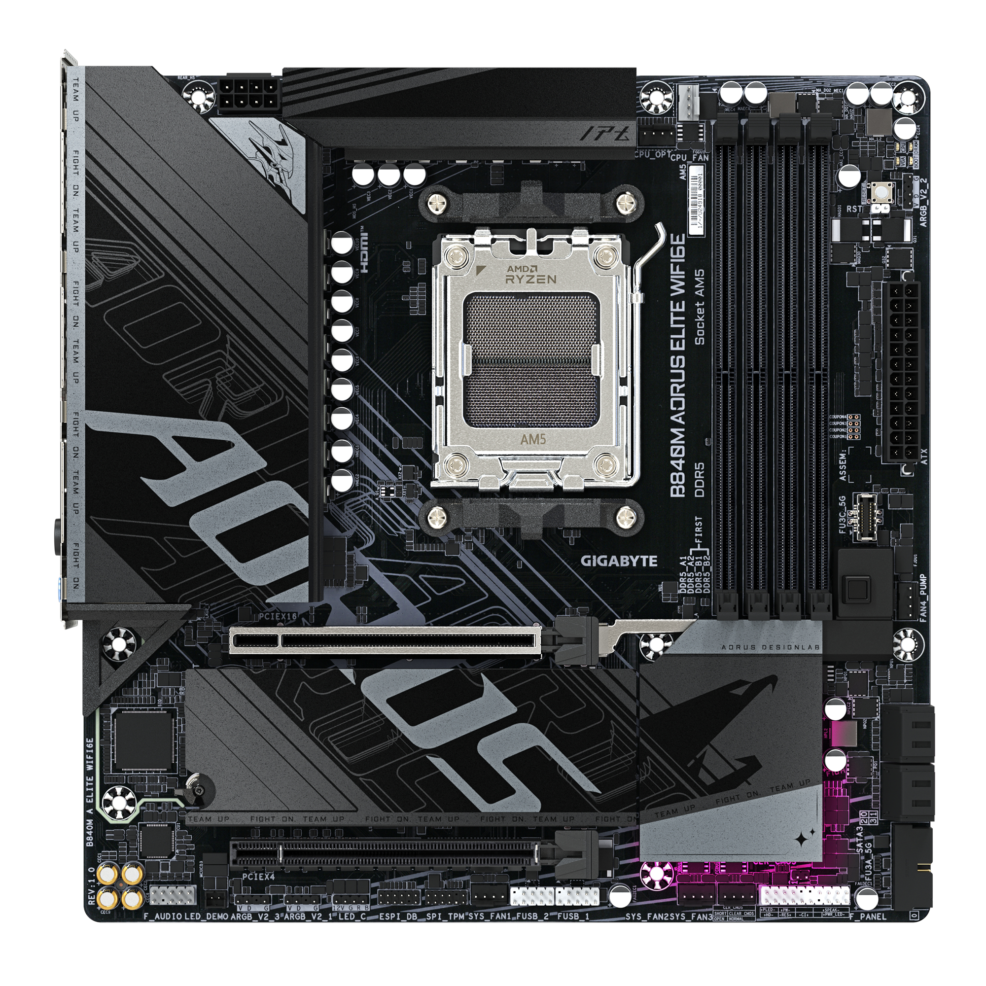 Carte mère noire avec détails argentés. Comporte un socket AMD Ryzen, des emplacements RAM et divers connecteurs. La marque AORUS est visible.