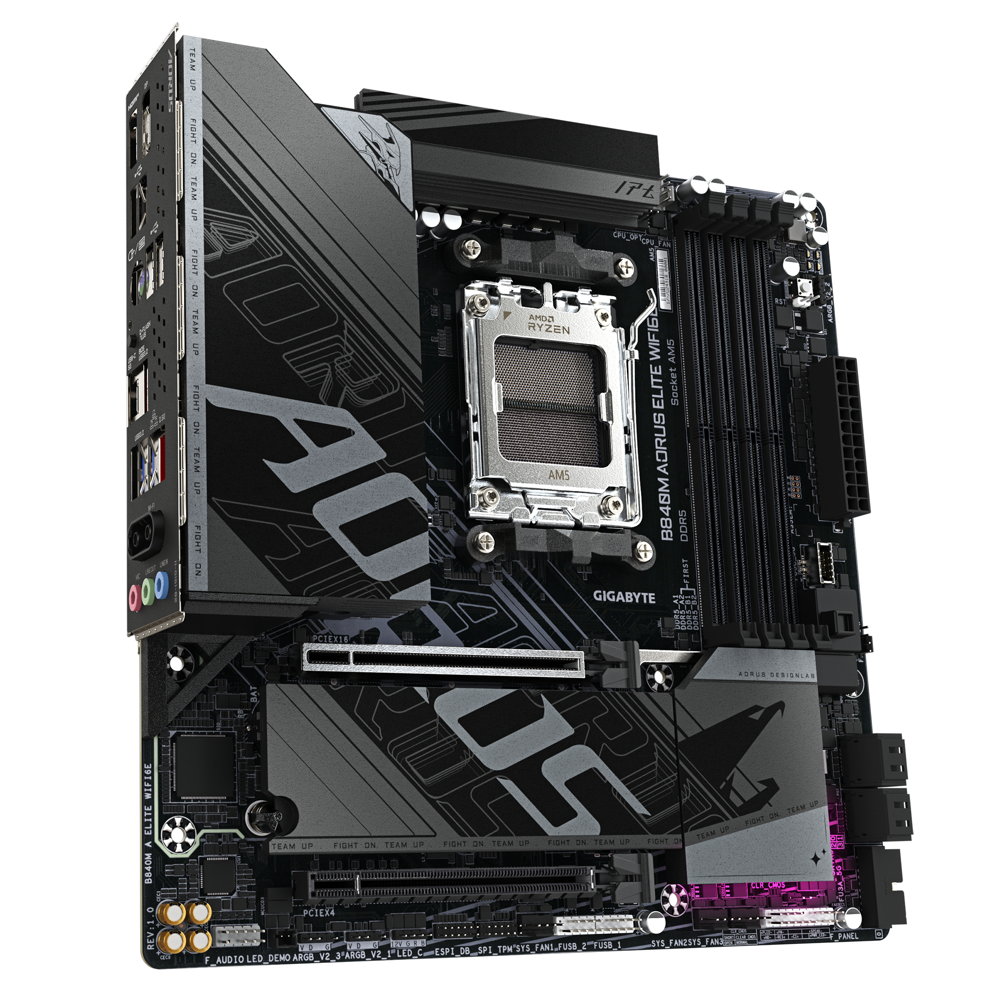 Carte mère noire et grise avec logo AORUS et socket AMD Ryzen. Divers ports et emplacements sont visibles.