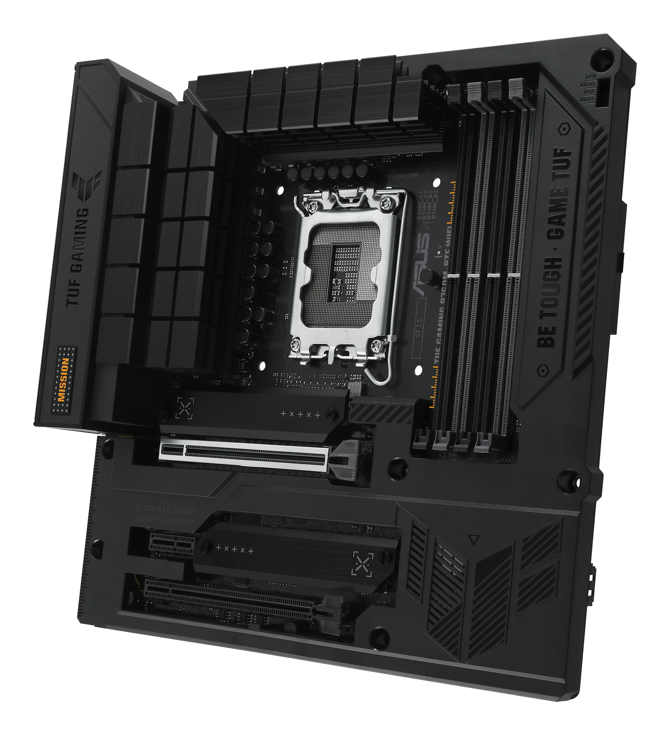 Ein schwarzes TUF Gaming-Motherboard. Es hat Steckplätze für CPU, RAM und Erweiterungskarten. Das Logo und der Text sind sichtbar.
