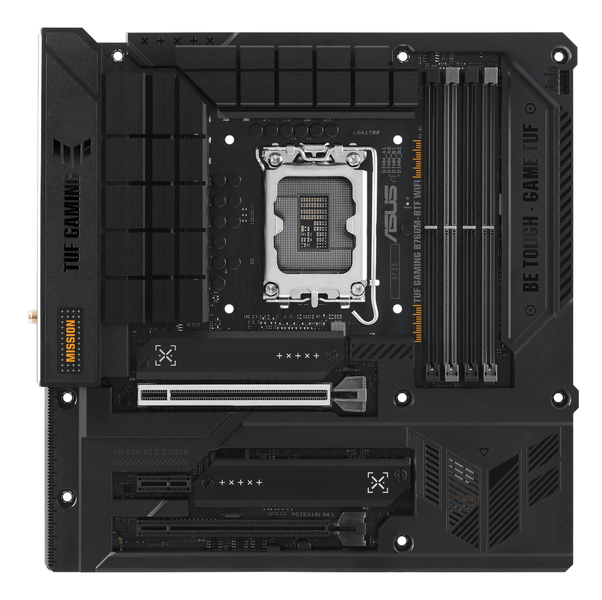 Schwarzes ASUS TUF GAMING B760M-BTF WIFI Motherboard. Merkmale umfassen CPU-Steckplatz, RAM-Steckplätze und Anschlüsse.