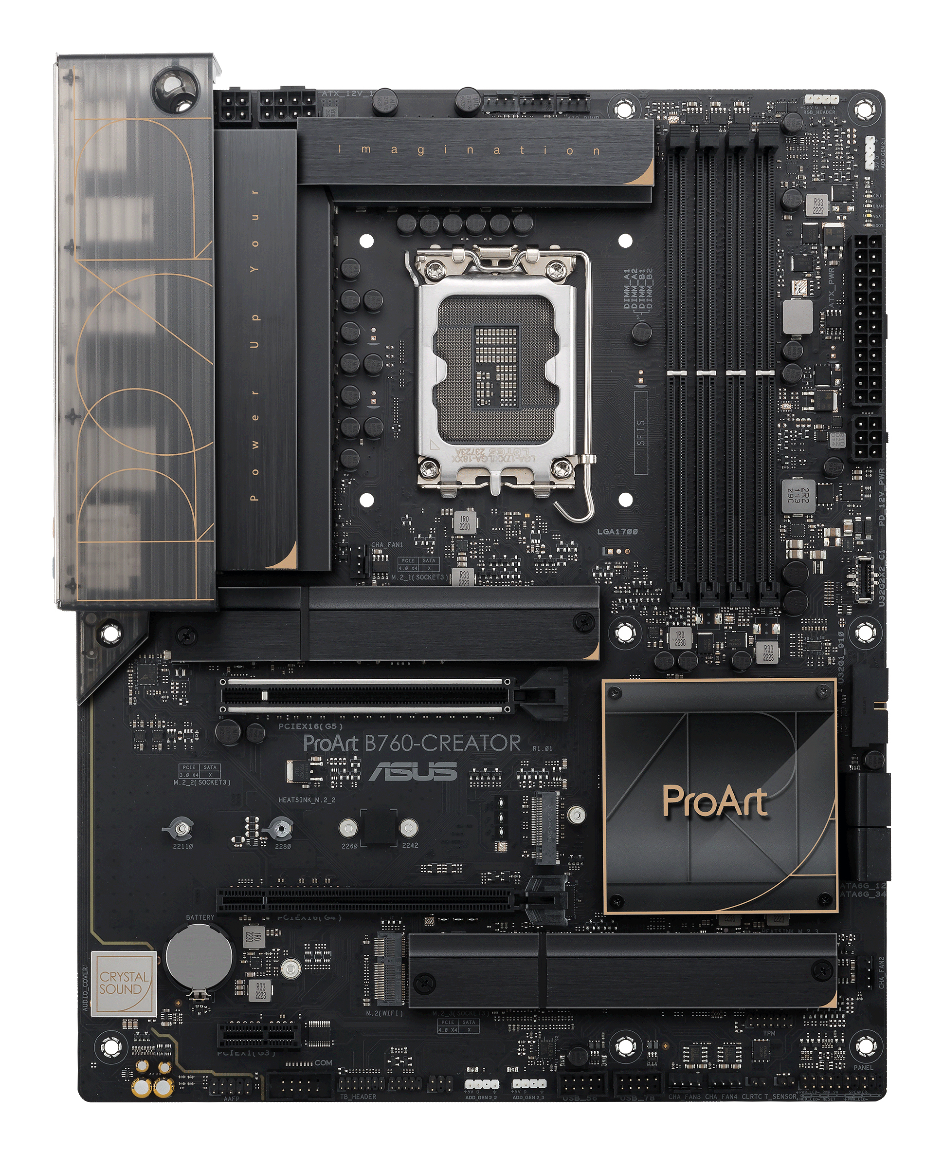 Una scheda madre ASUS ProArt B760-Creator nera. Ha vari componenti e slot per CPU, RAM e altri dispositivi.
