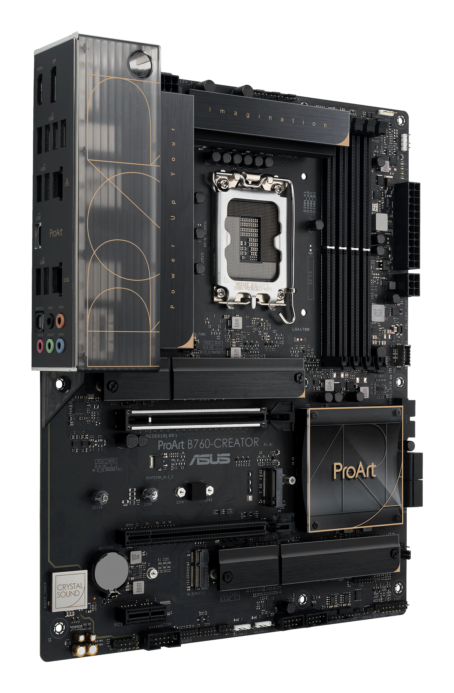 Una scheda madre ASUS ProArt B760-CREATOR nera con dettagli dorati. Presenta porte, slot e il logo ProArt.