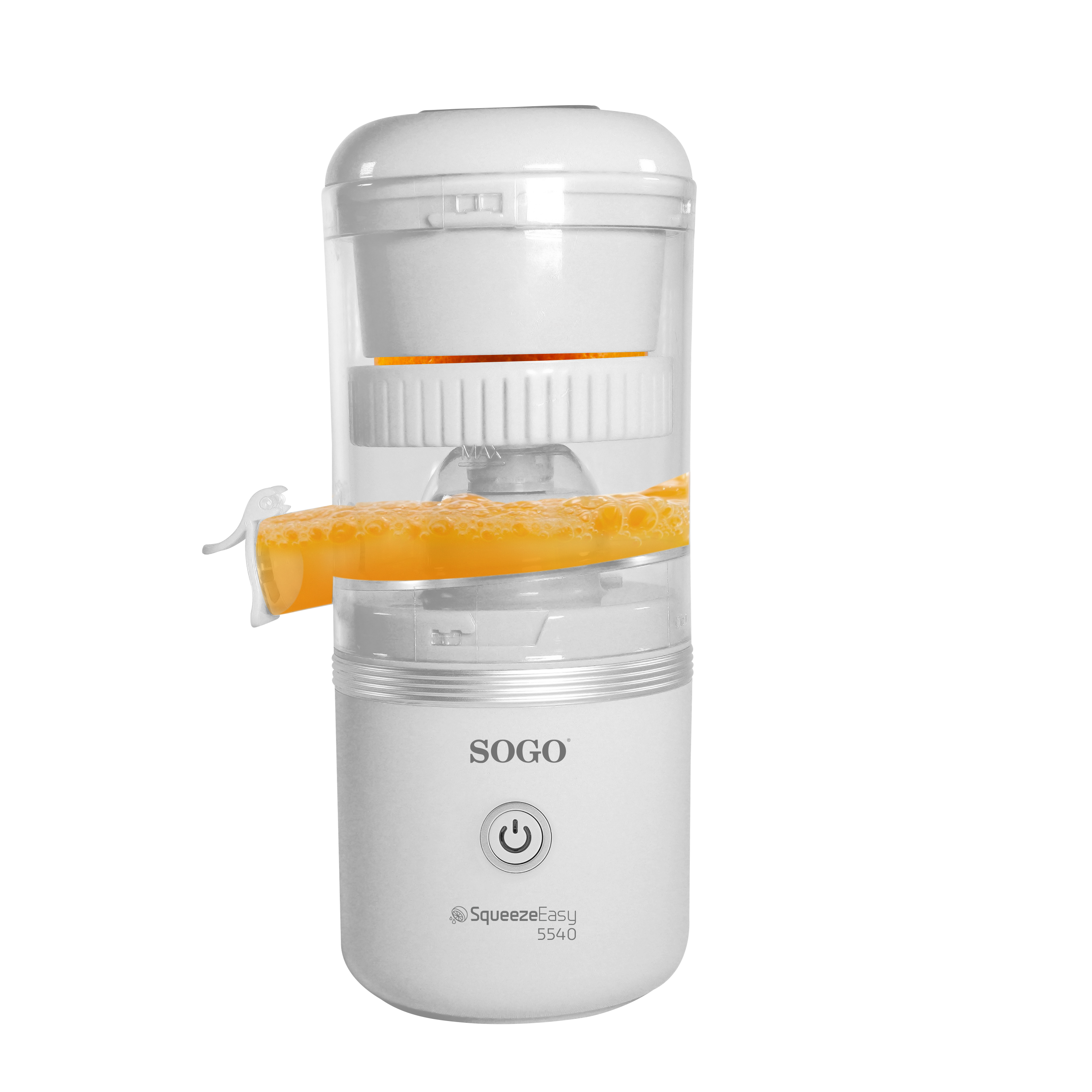 Exprimidor SOGO SqueezeEasy 5540 blanco con fruta naranja. Las partes son transparentes. Se exprime un trozo de naranja.