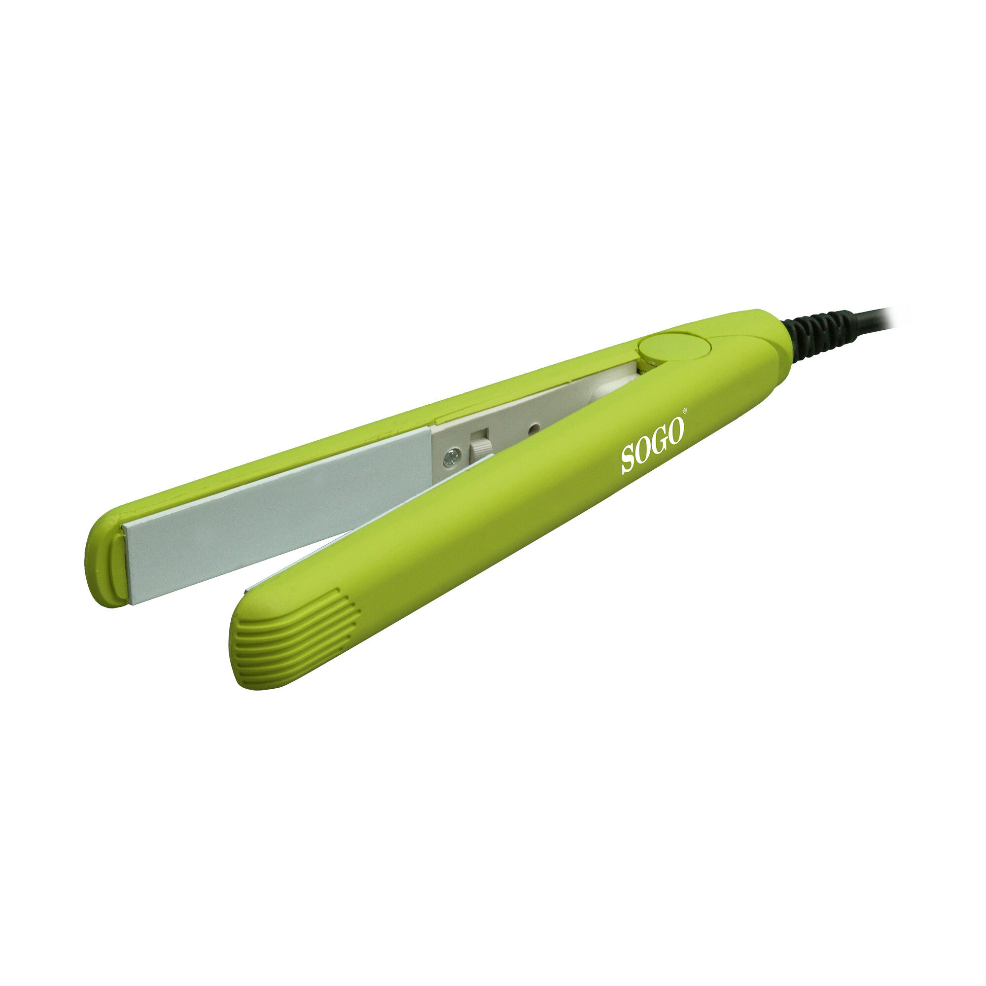 Piastra per capelli SOGO verde su sfondo bianco. Ha piastre metalliche e un cavo di alimentazione nero.