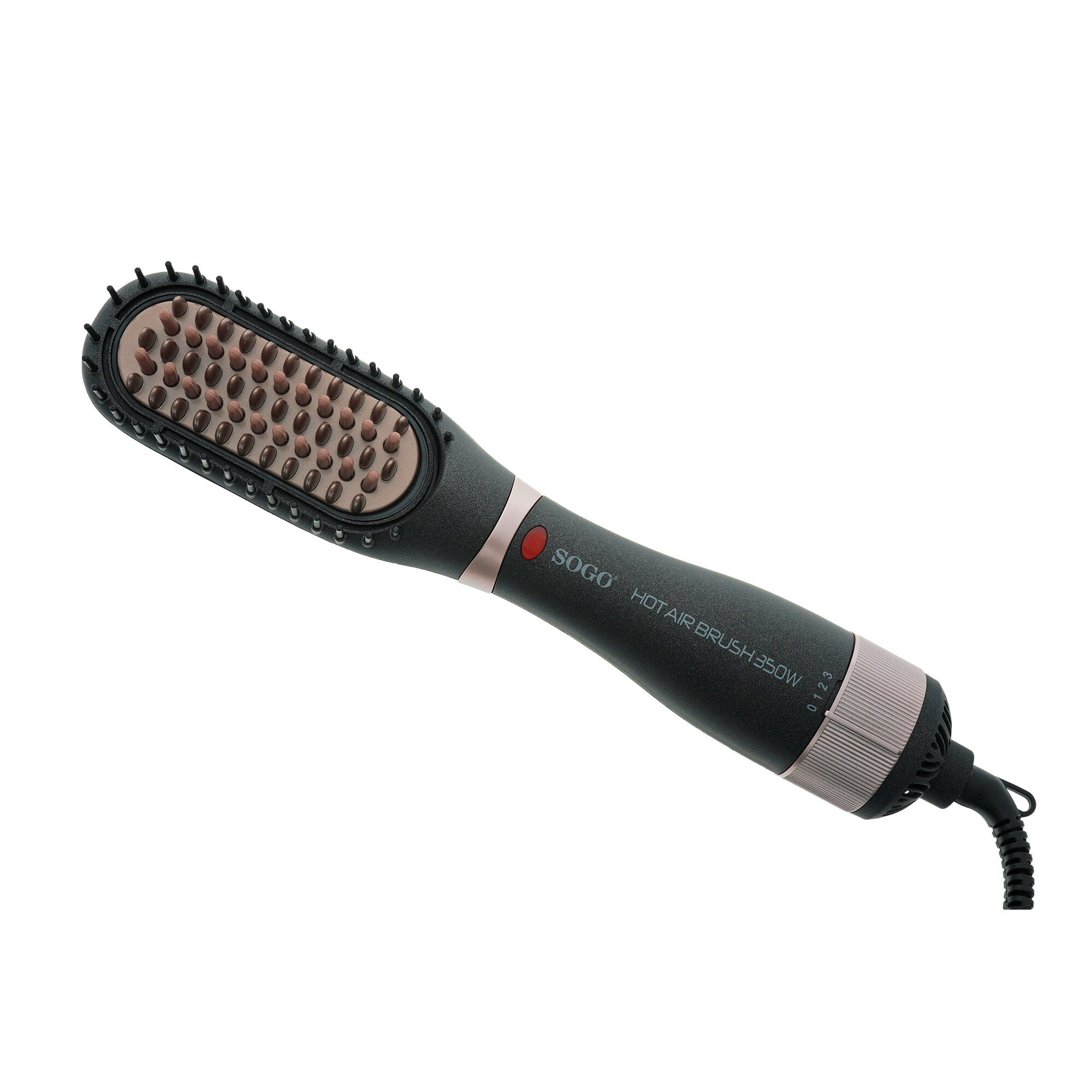 Un cepillo de aire caliente SOGO negro y oro rosa. El cabezal del cepillo tiene cerdas marrones y está sobre un fondo blanco.