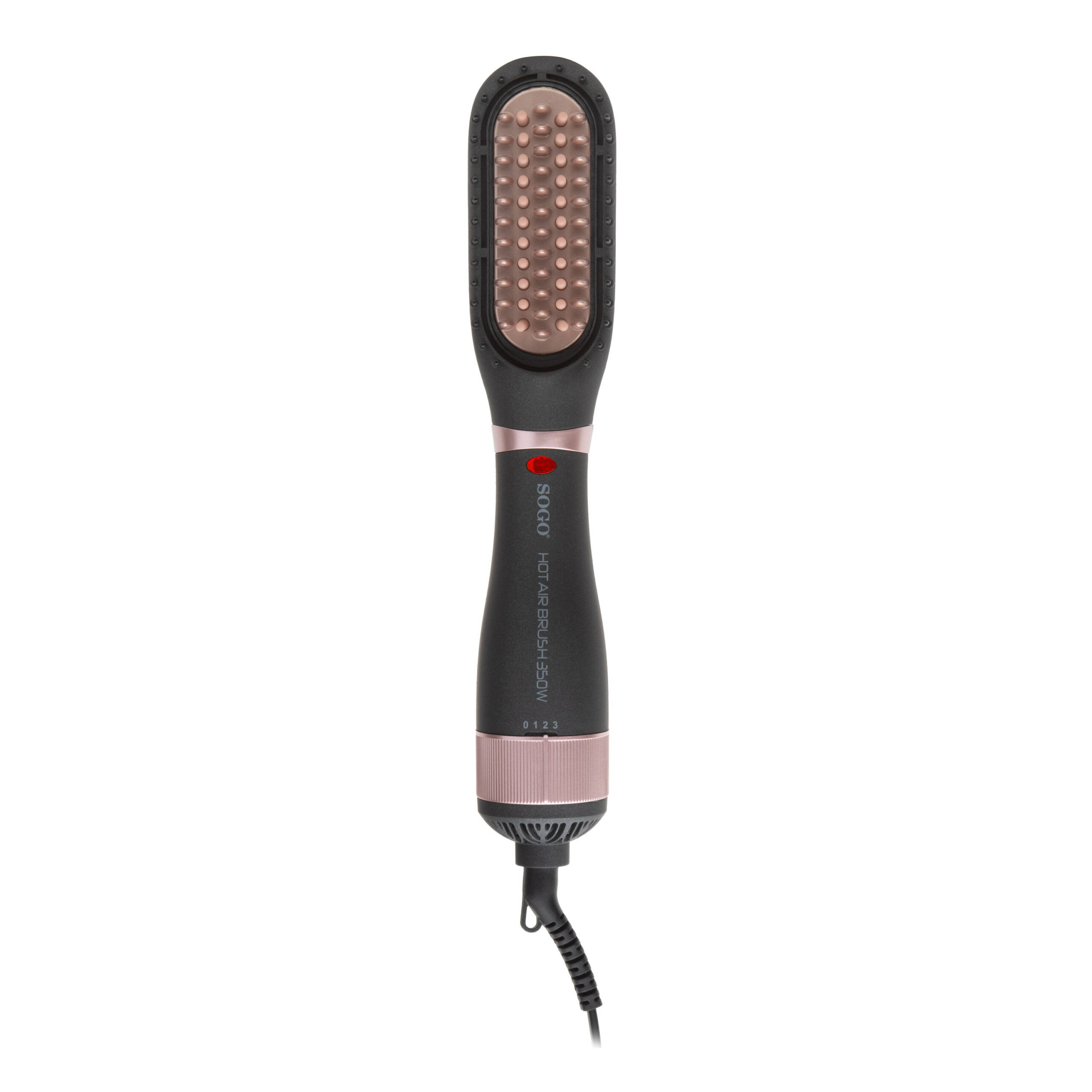 Un cepillo para peinar el cabello negro y oro rosa. Tiene un mango, un cabezal con cerdas y un cable de alimentación.