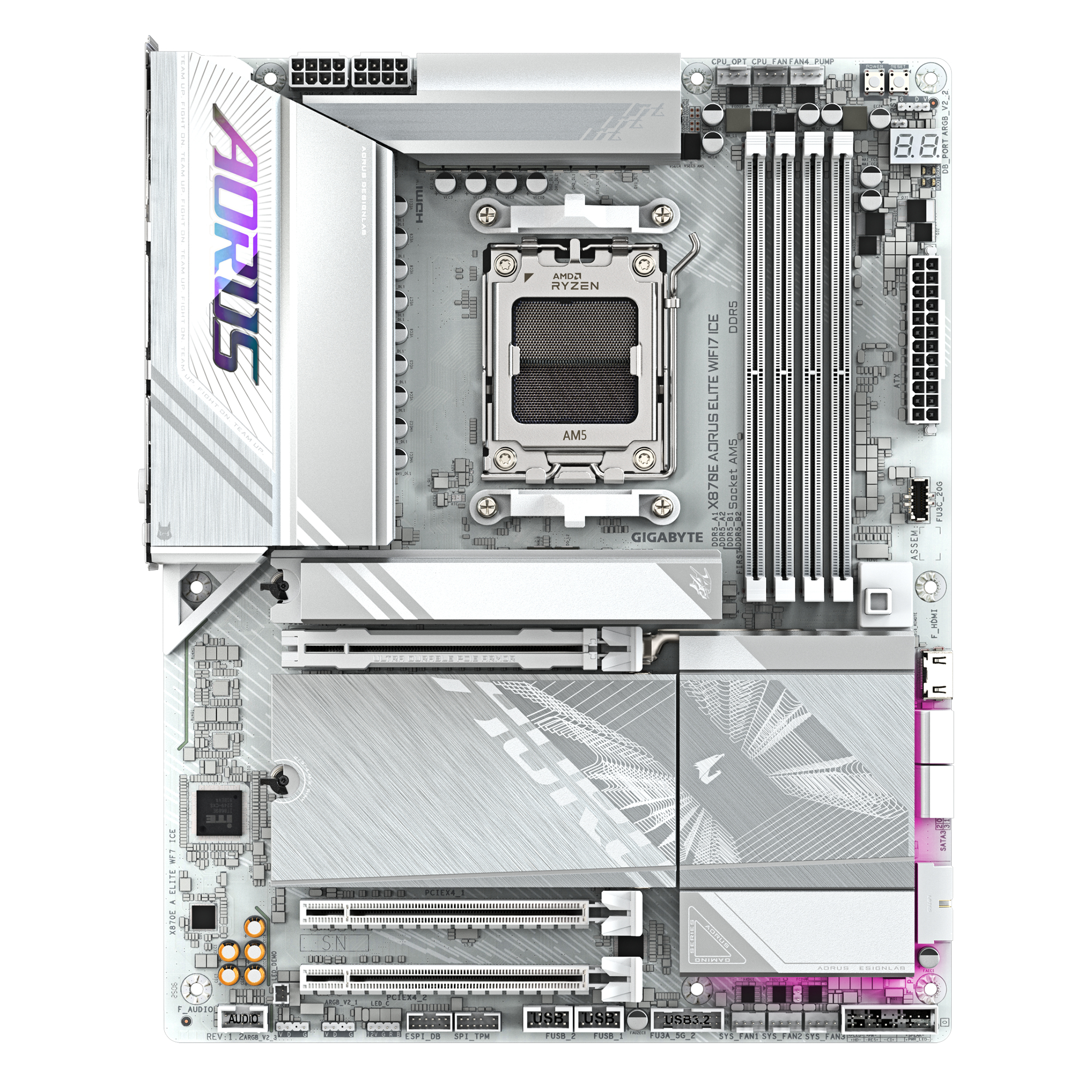 Een wit en zilver moederbord met het AORUS-logo, diverse poorten en het AMD Ryzen-logo is zichtbaar.