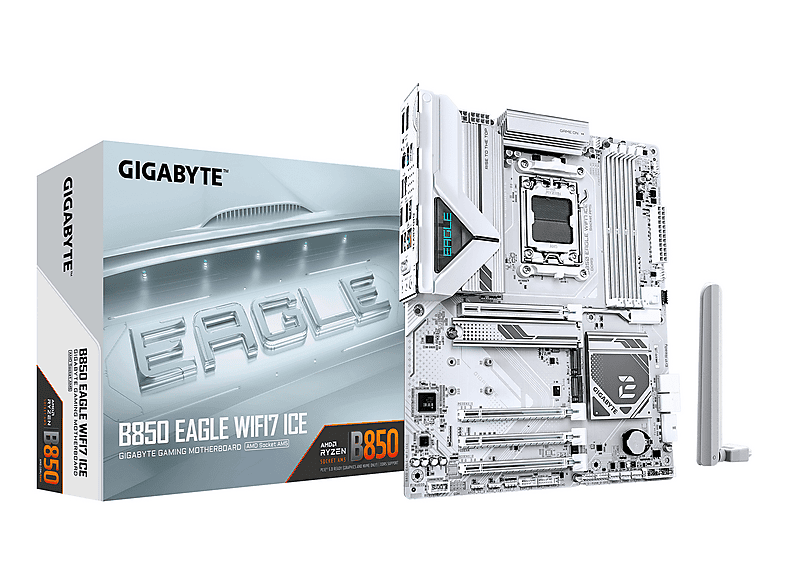 GIGABYTE B850 EAGLE WIFI7 ICE Mainboard – AMD Ryzen 9000 Serie Prozessoren, dig Mainboard Weiß