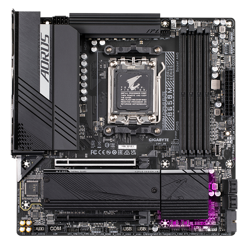 Czarna płyta główna Gigabyte B650M AORUS ELITE z różnymi komponentami. Logo AORUS jest widoczne.