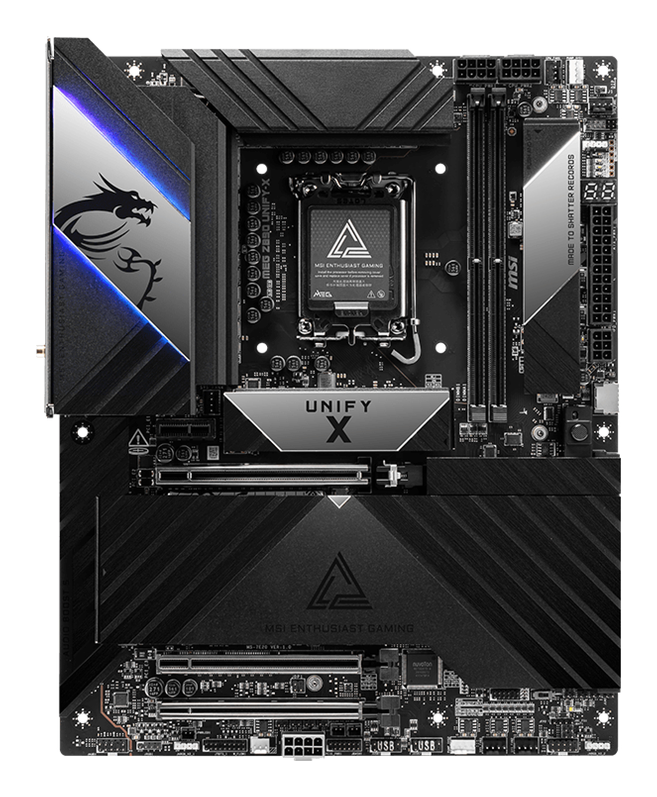 Czarna płyta główna MSI ze srebrnymi akcentami, z logo MSI, UNIFY X oraz różnymi portami i złączami.