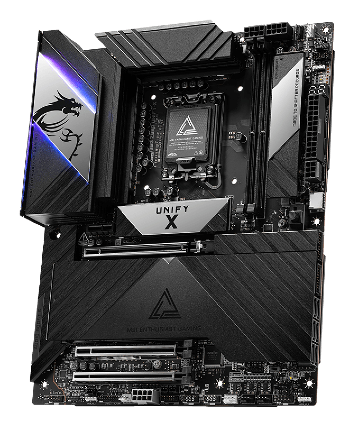 Czarna płyta główna MSI z logo smoka, widoczne teksty 'UNIFY X' i 'MSI ENTHUSIAST GAMING'.