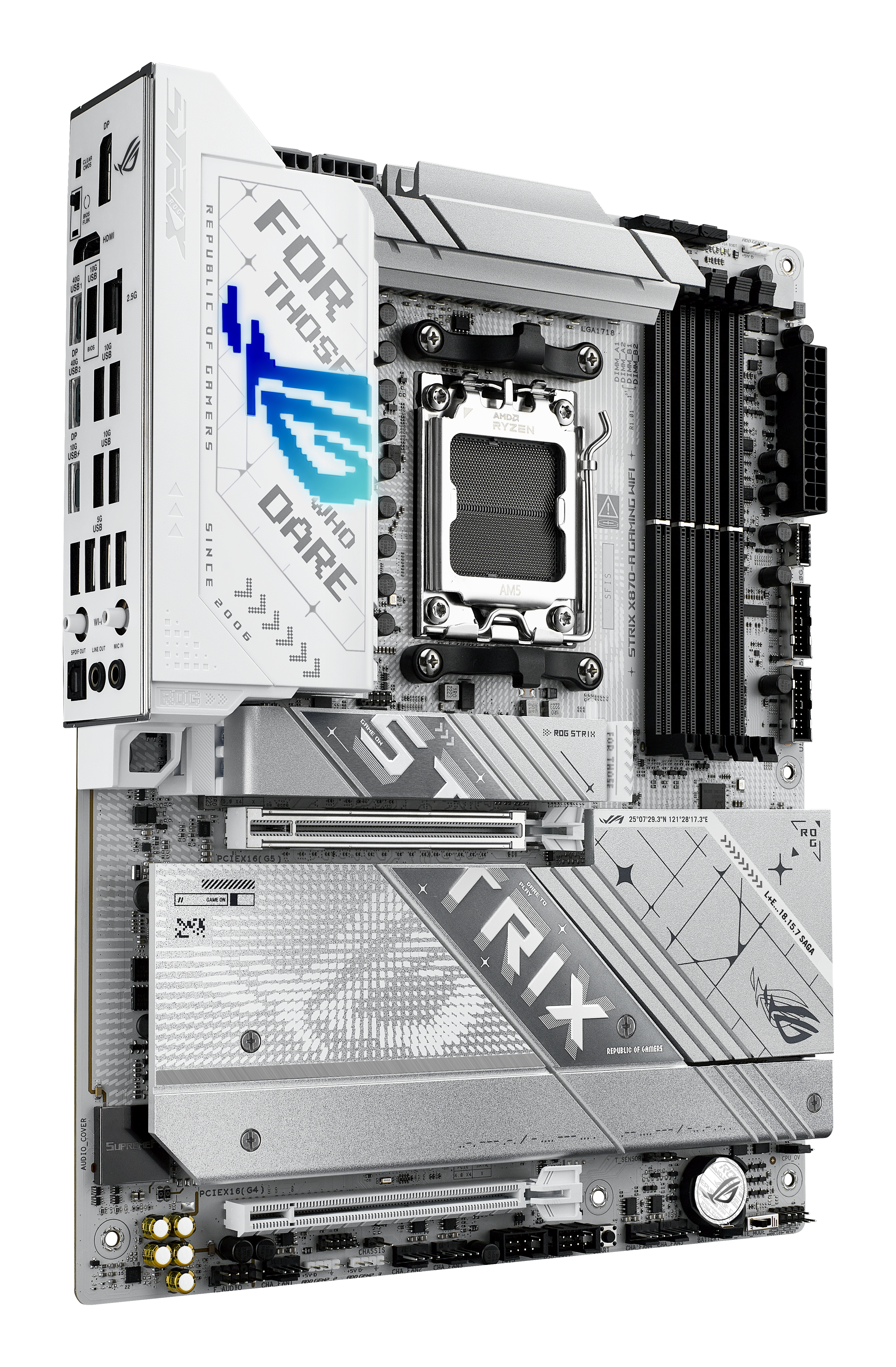 Biała i srebrna płyta główna komputera z tekstem i logo. Posiada różne porty, gniazda i logo ROG Strix.